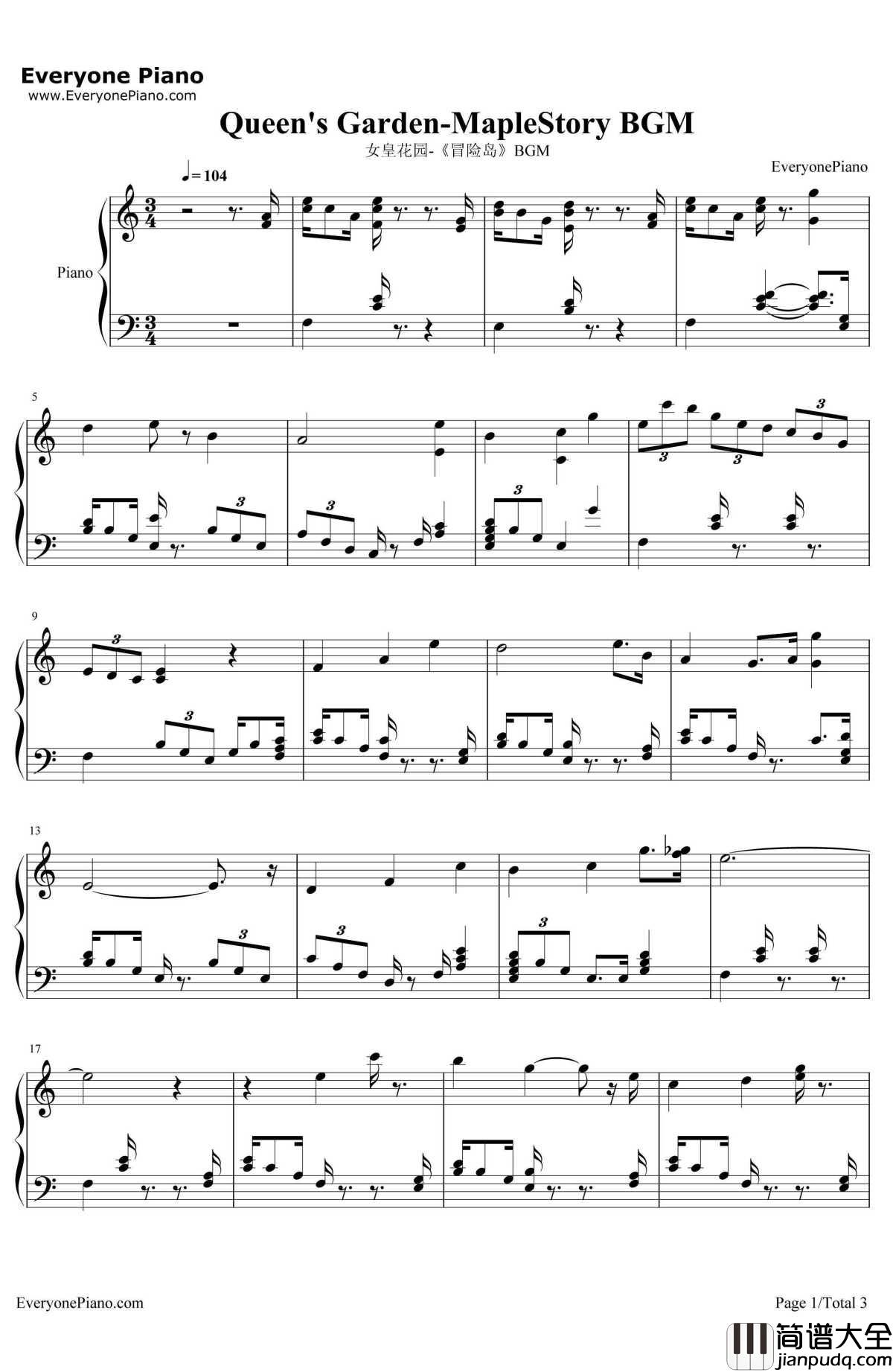 女皇花园钢琴谱_MapleStory_冒险岛MapleStory背景音乐