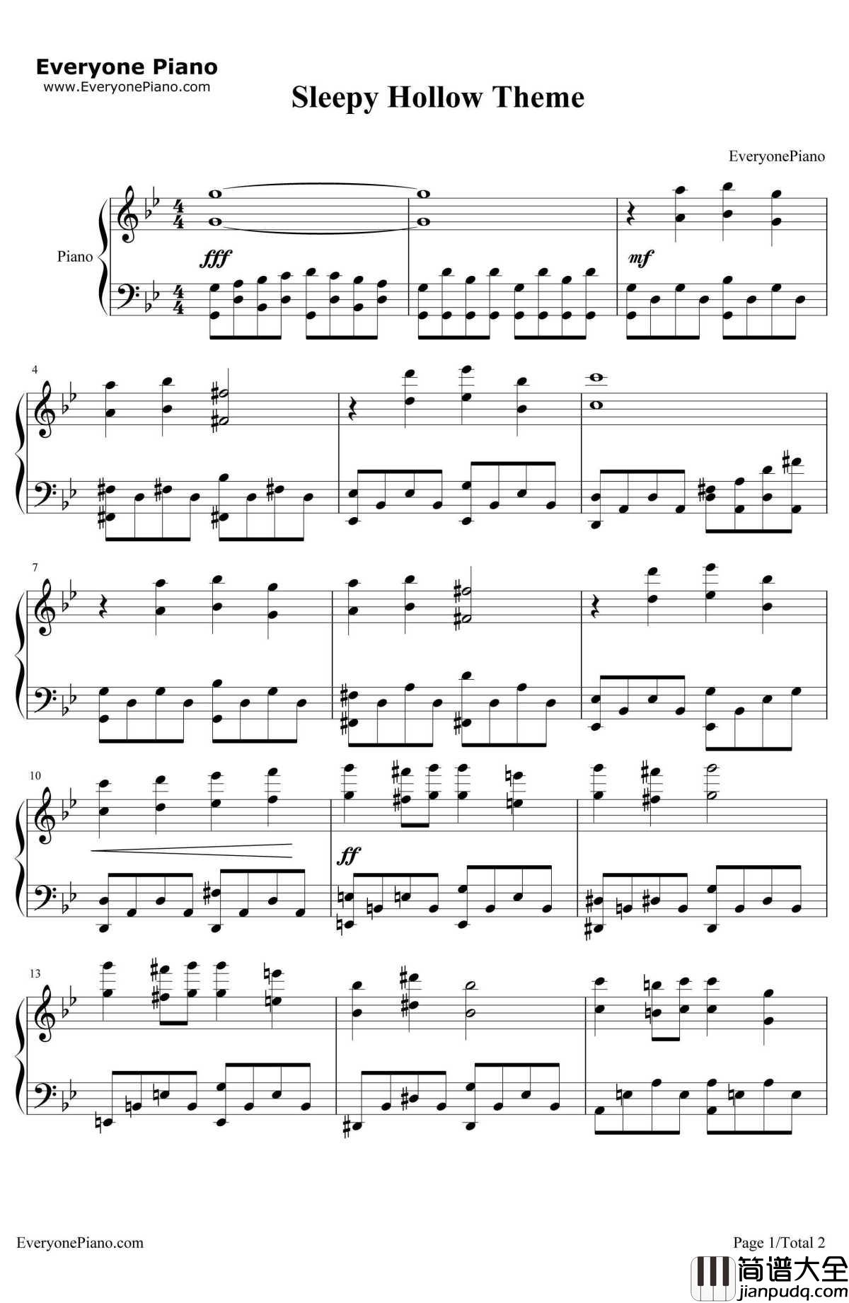 _SleepyHollow断头谷_片头曲钢琴谱_SleepyHollow