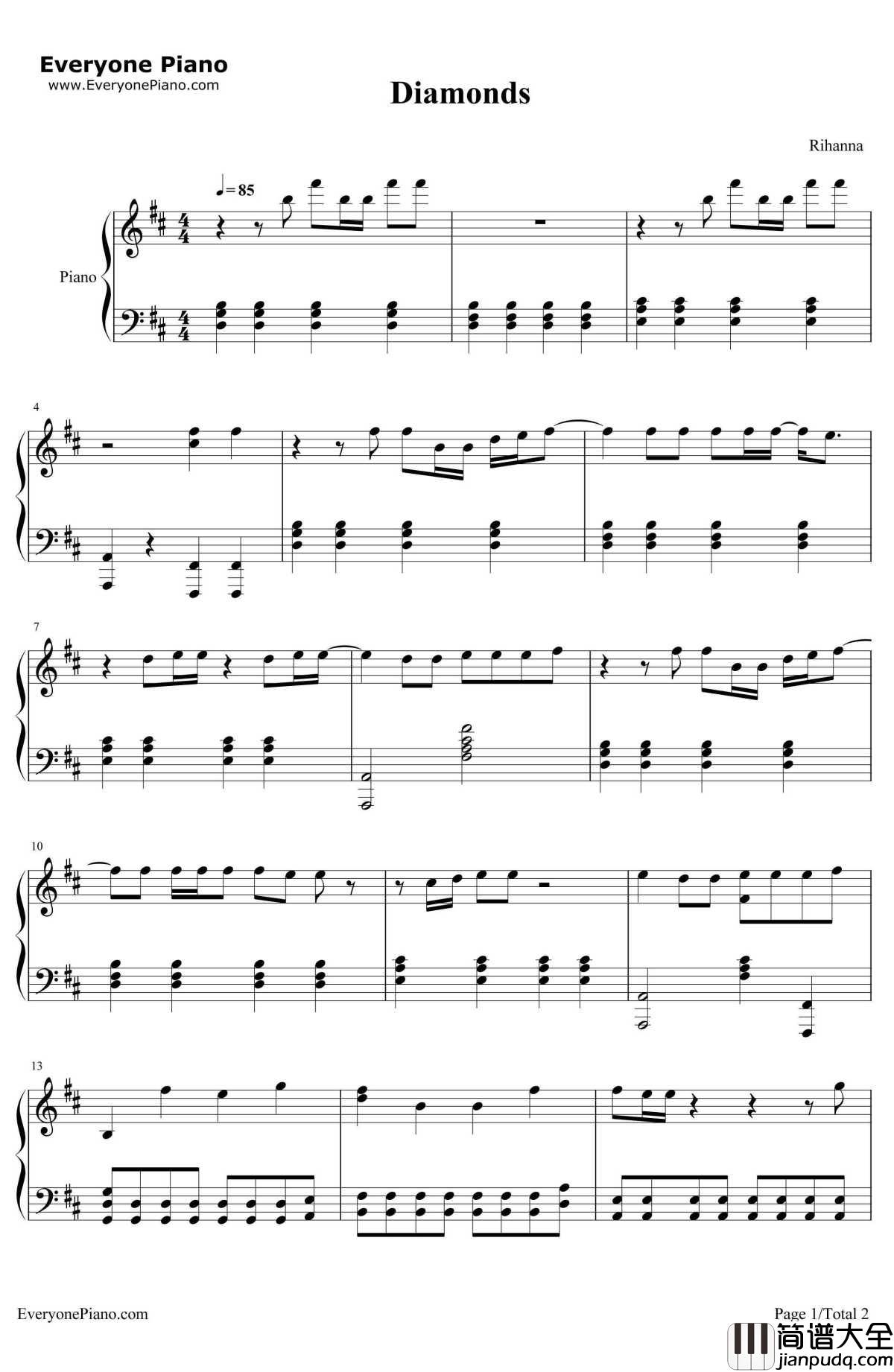 Diamonds简单版钢琴谱_Rihanna