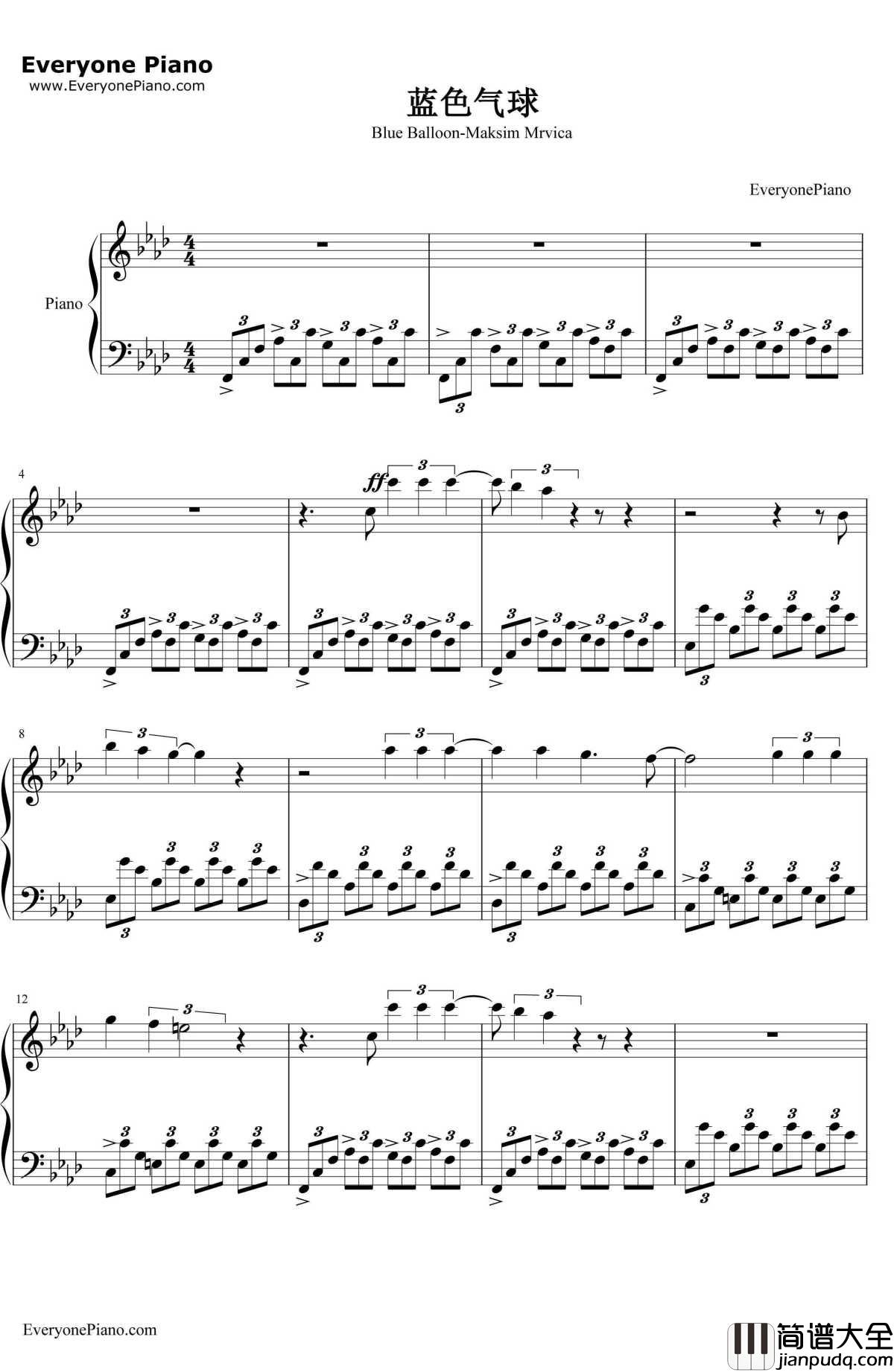 蓝色气球(BlueBalloon)钢琴谱_马克西姆