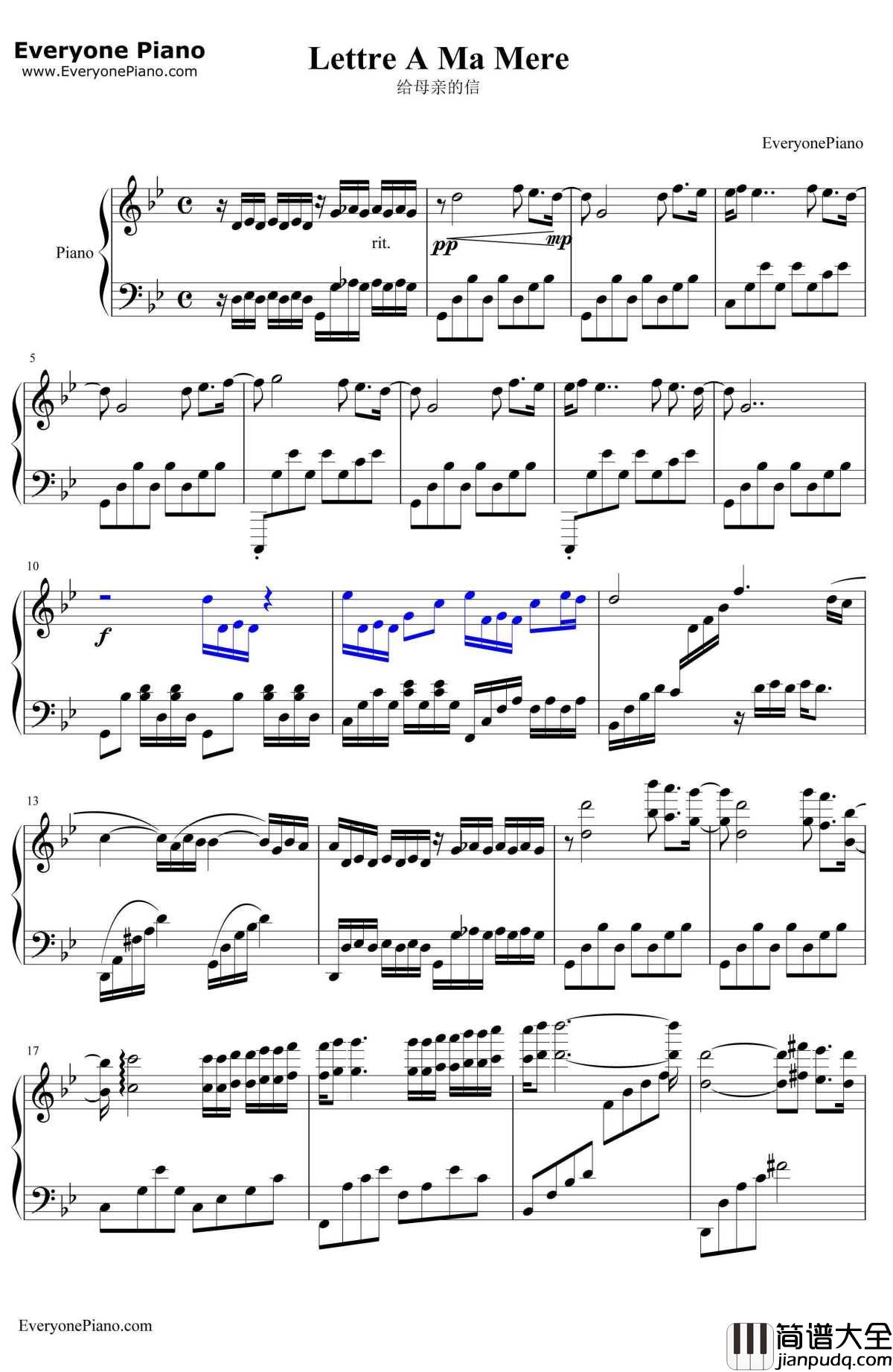 给母亲的信(梦里的故事)钢琴谱_理查德克莱德曼