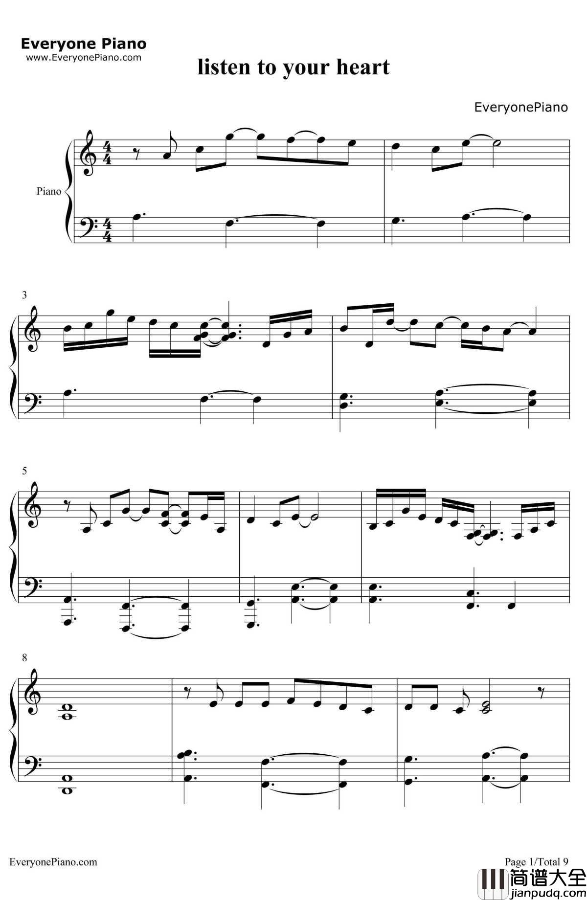 ListenToYourHeart(倾听你的心声)钢琴谱_Roxette