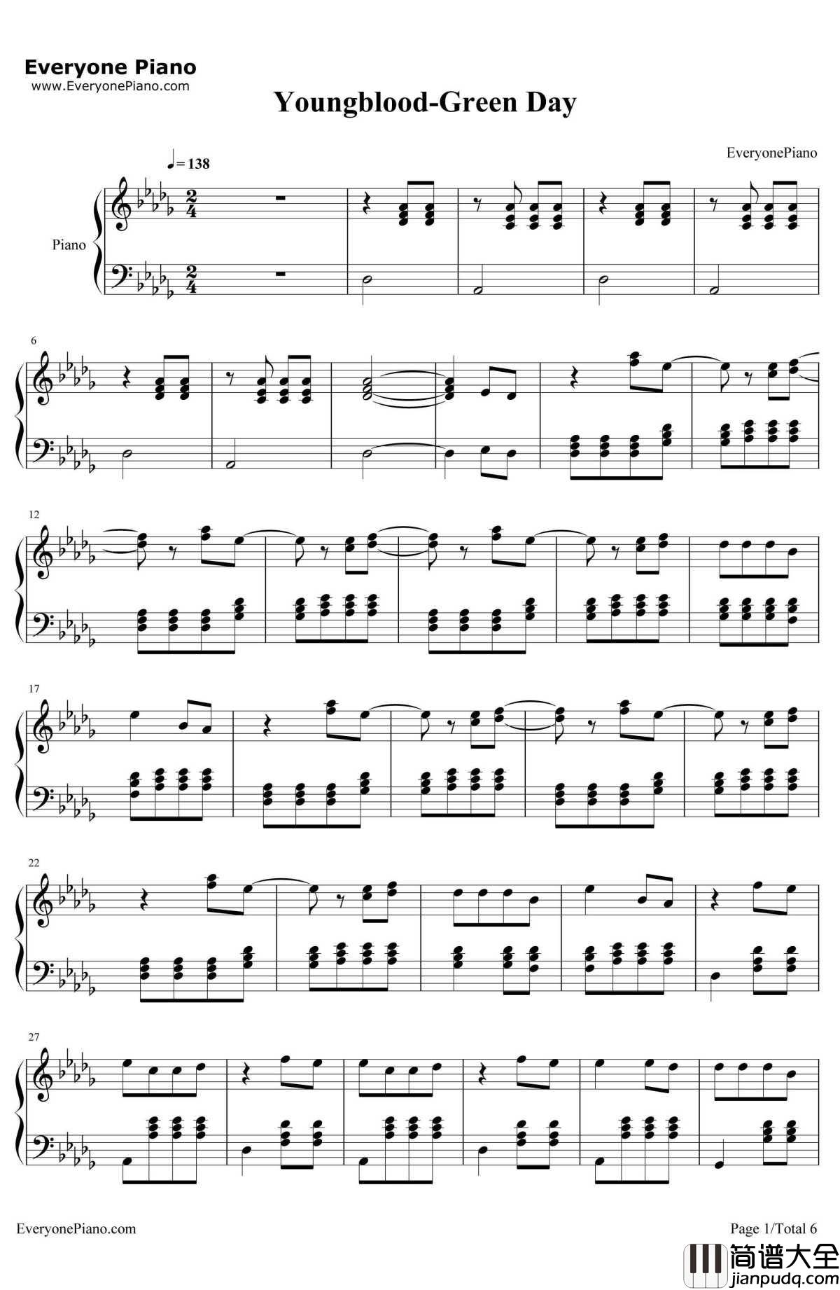 Youngblood钢琴谱_GreenDay