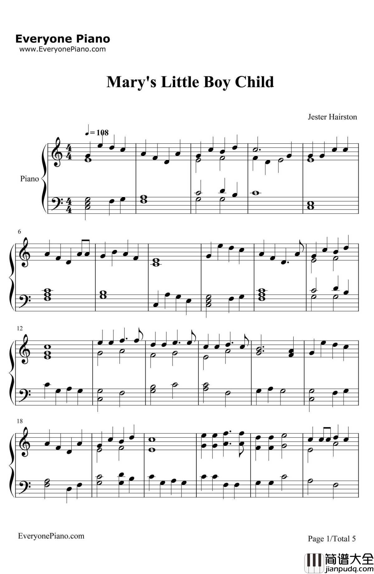Mary's_Boy_Child钢琴谱_JesterHairston_圣诞歌曲