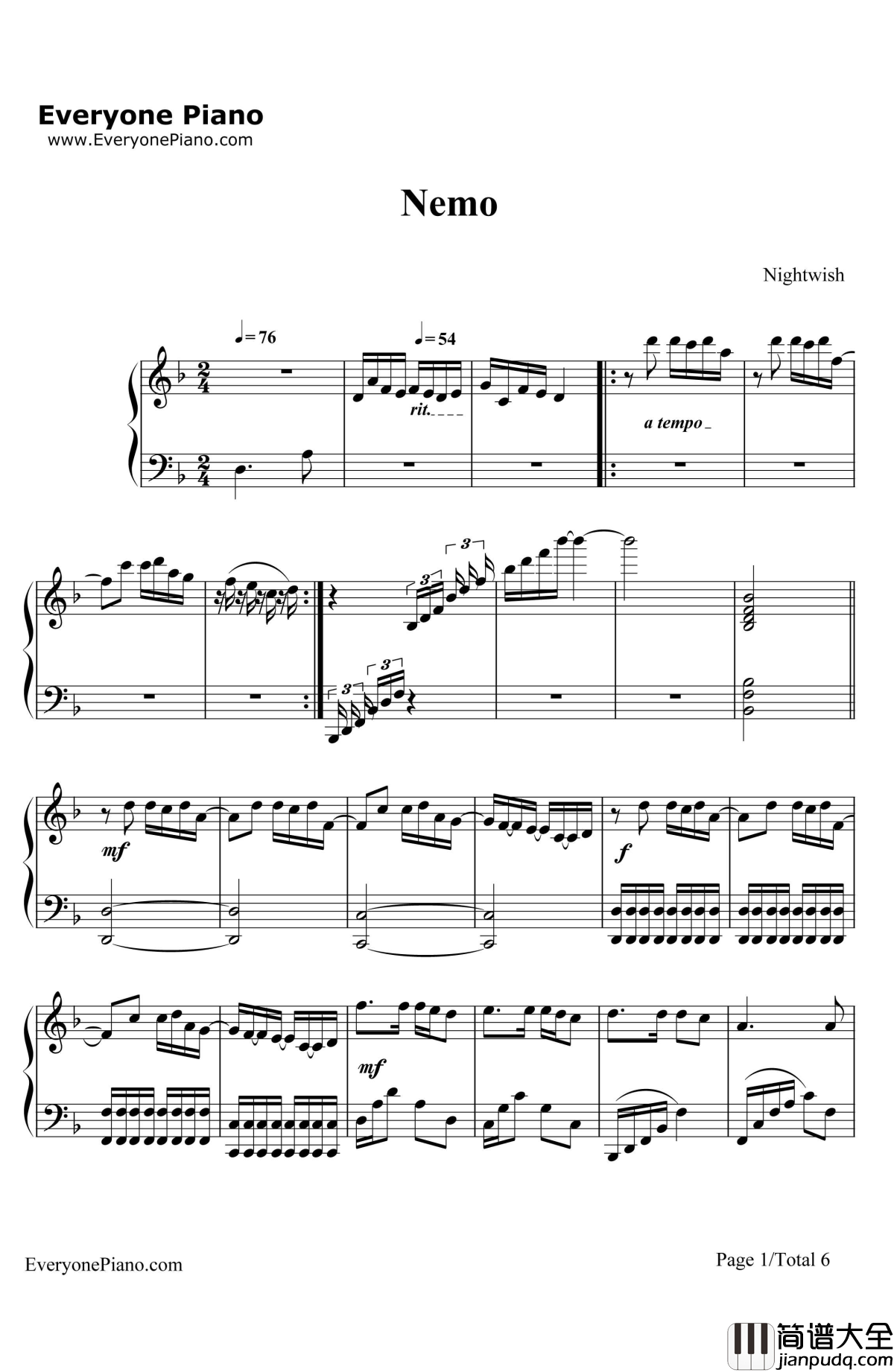 Nemo钢琴谱_Nightwish