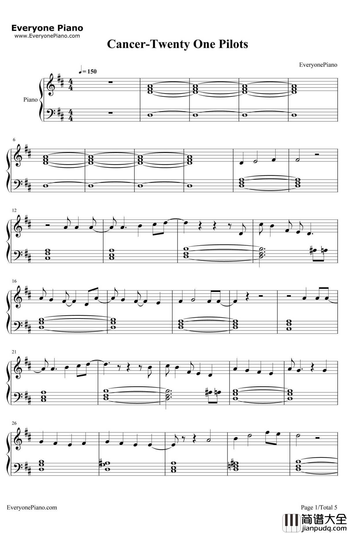Cancer钢琴谱_TwentyOnePilots