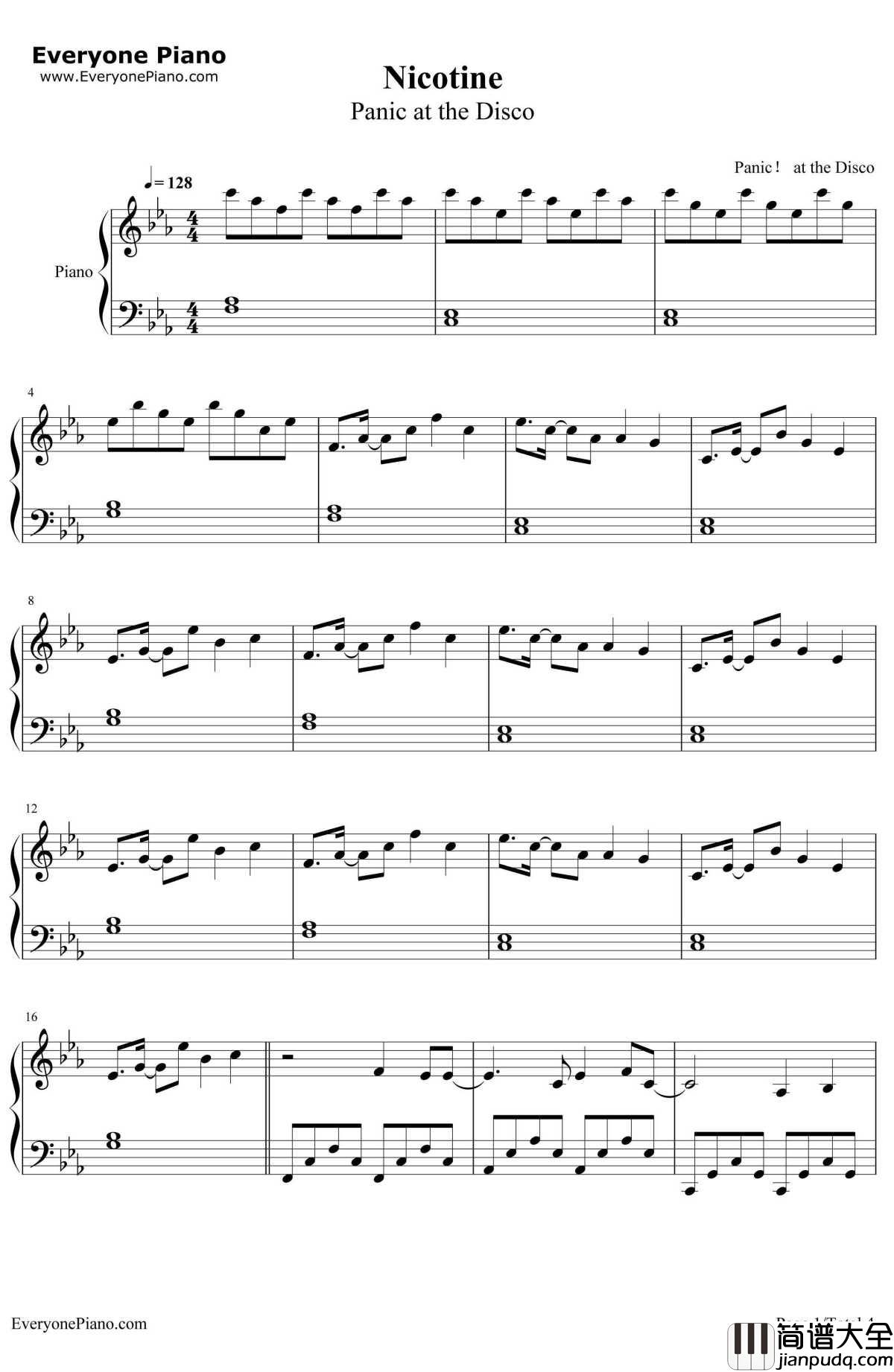 Nicotine钢琴谱_PanicattheDisco