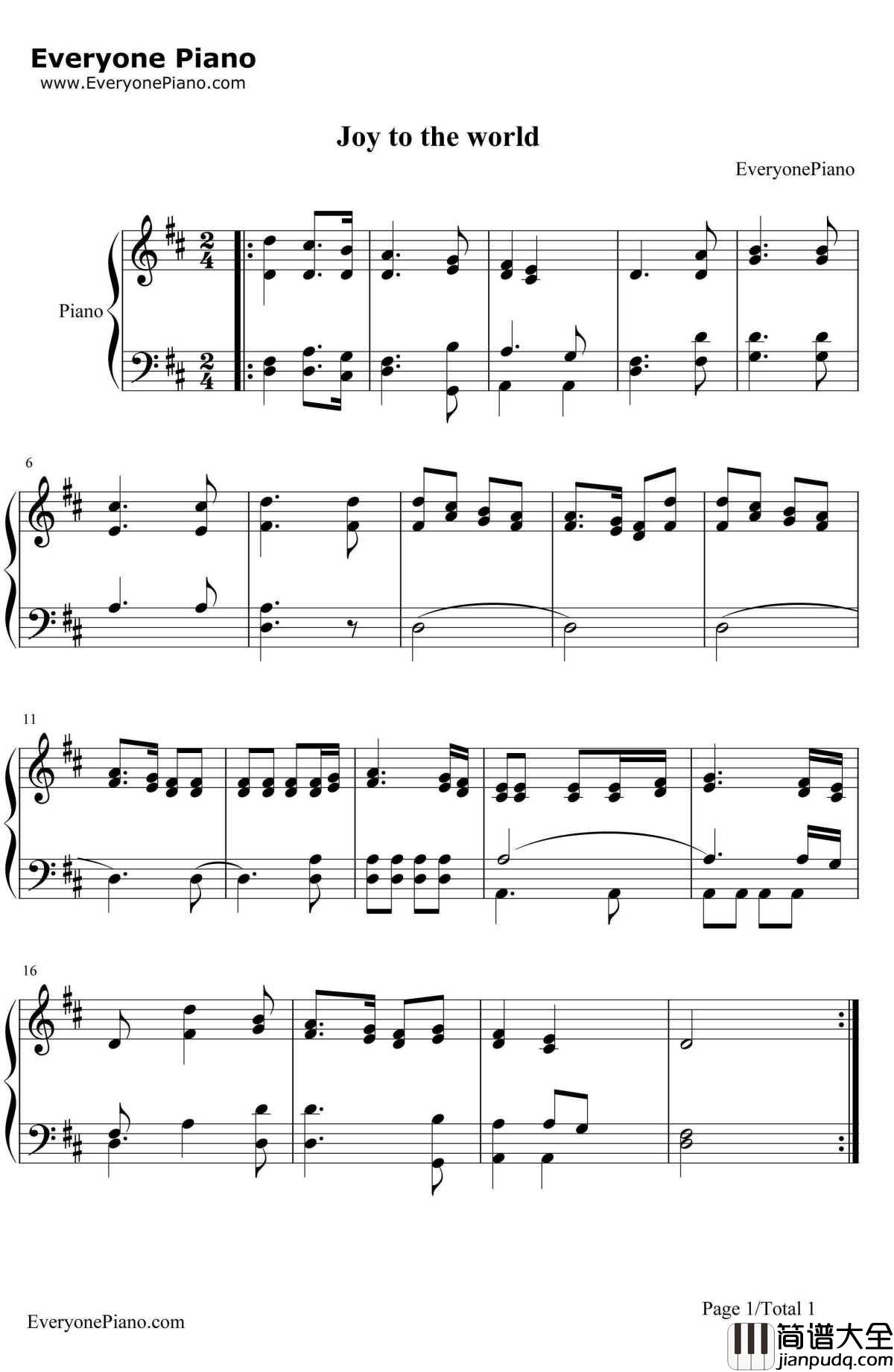 普世欢腾钢琴谱_FaithHill_JoyToTheWorld_圣诞歌曲