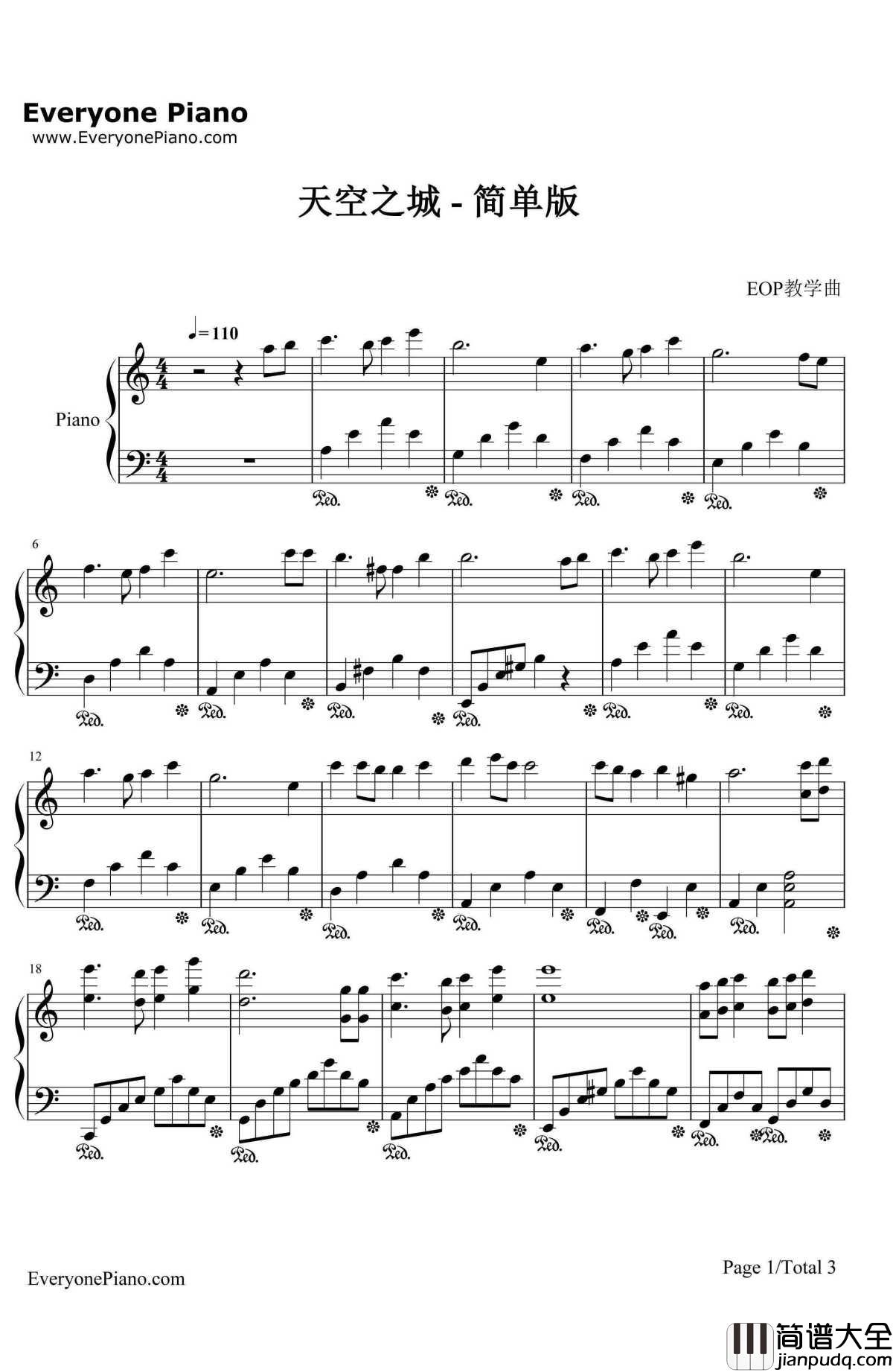 天空之城适中版钢琴谱_久石让JoeHisaishi宫崎骏