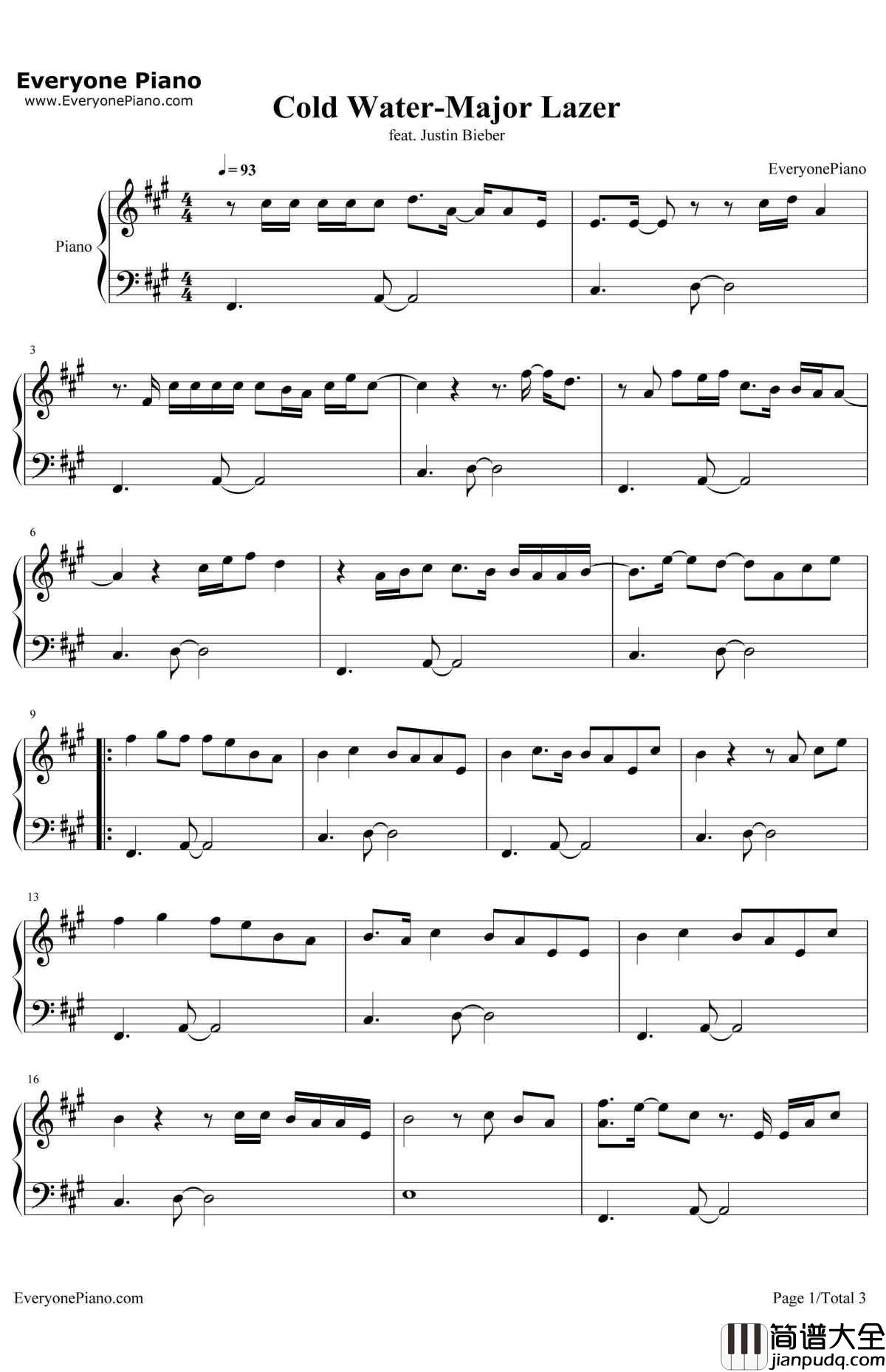 Cold_Water钢琴谱_MajorLazer_MajorLazer(feat.JustinBieberMØ)