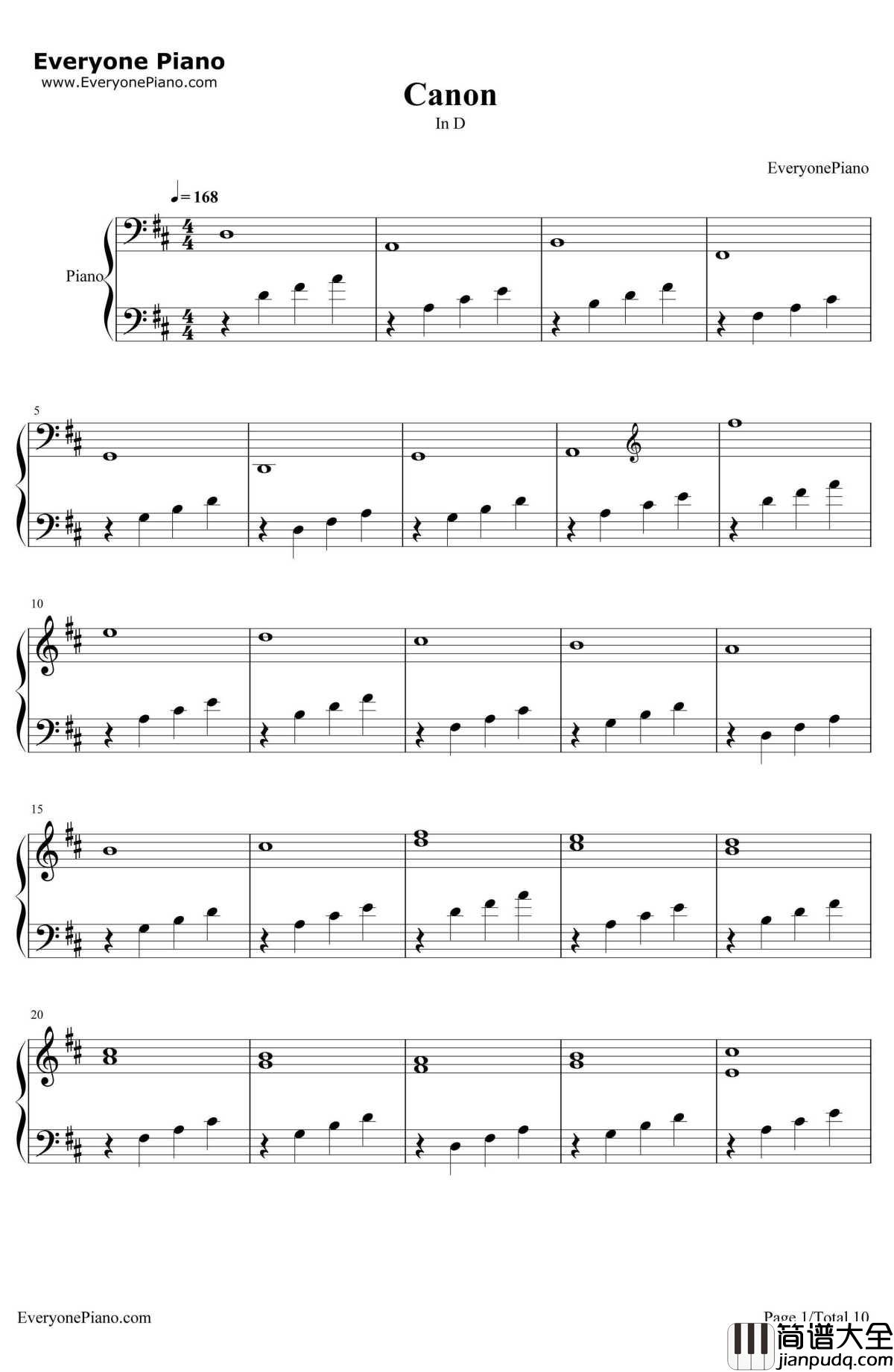 D大调卡农原版钢琴谱_约翰·帕赫贝尔