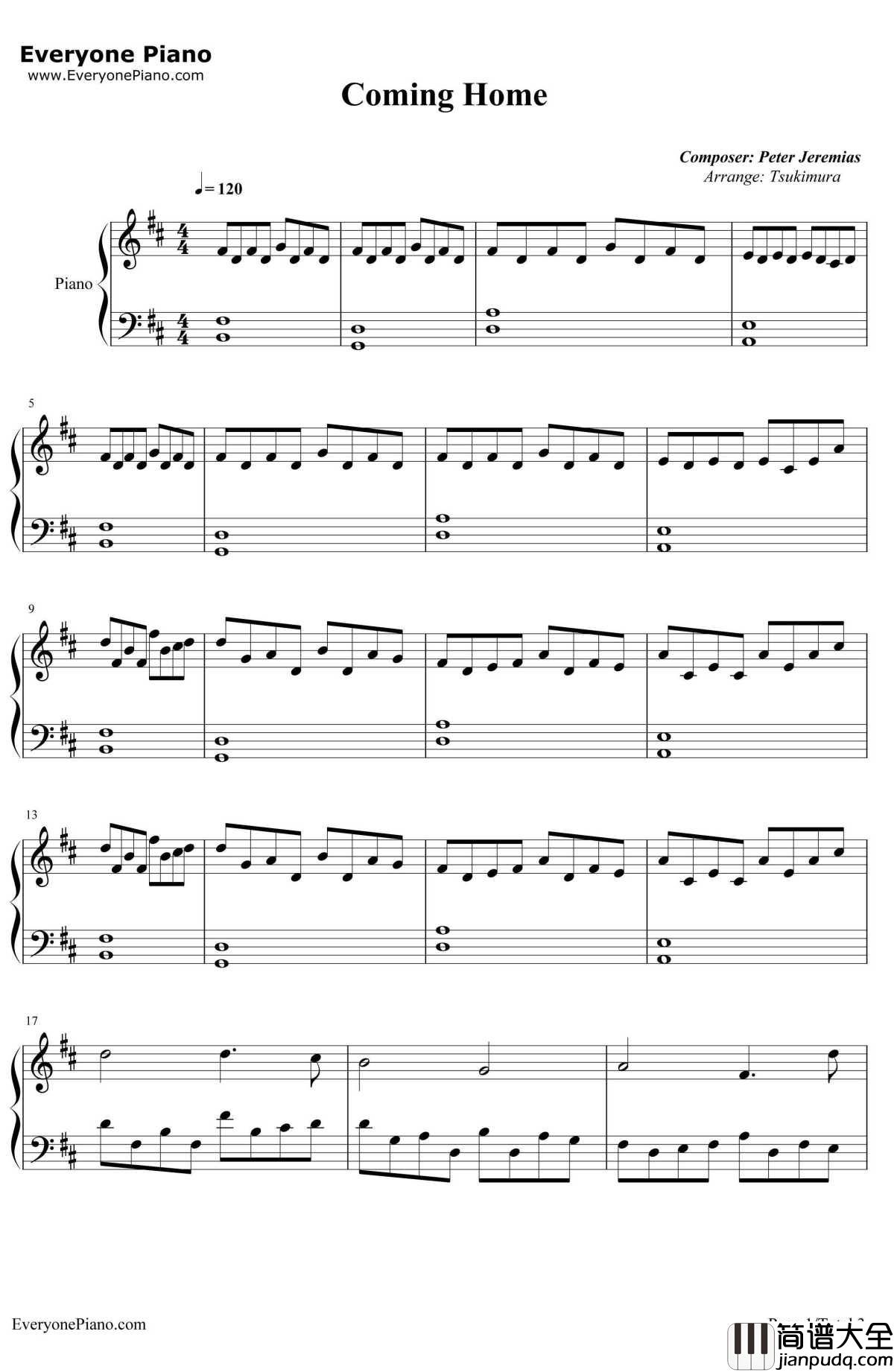 ComingHome钢琴谱_PeterJeremias__勇者大冒险_第二季OST