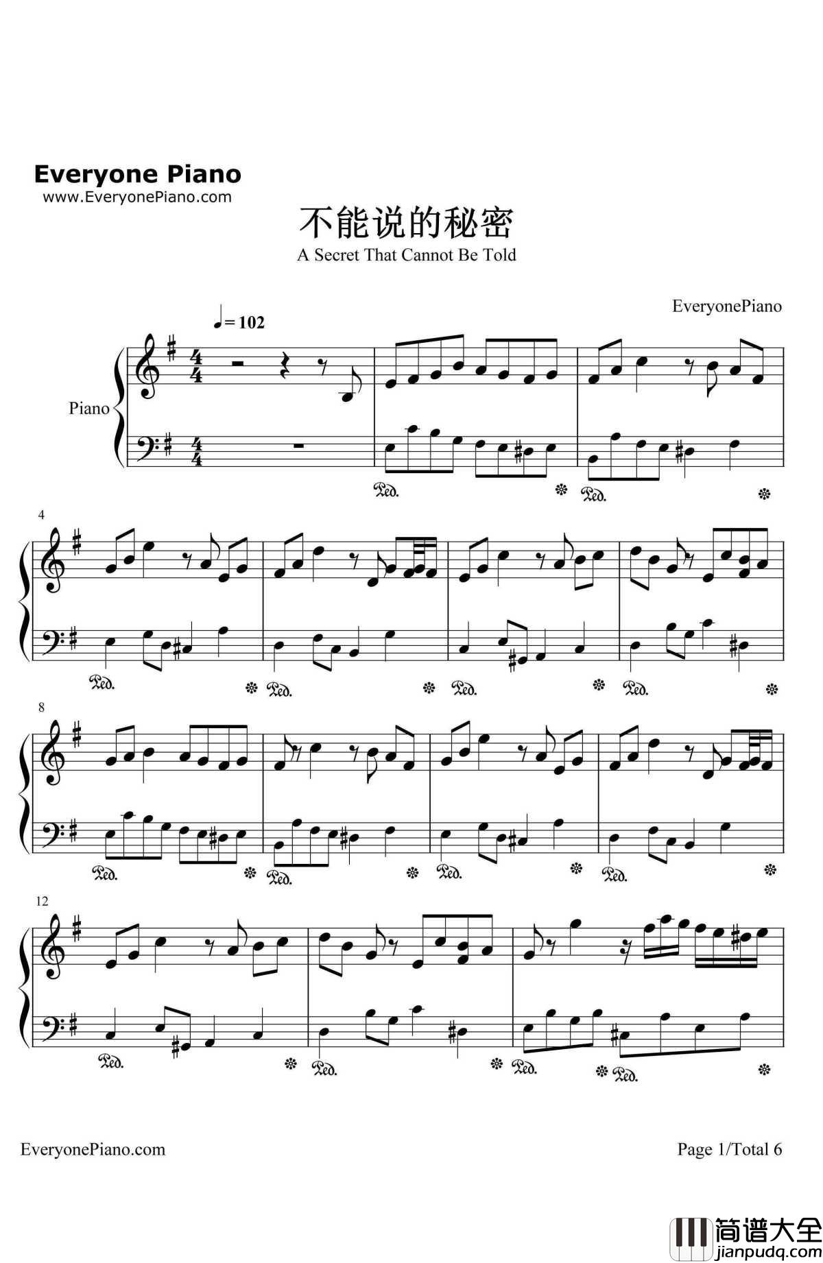 JAY的SECRET钢琴谱_周杰伦_不能说的秘密