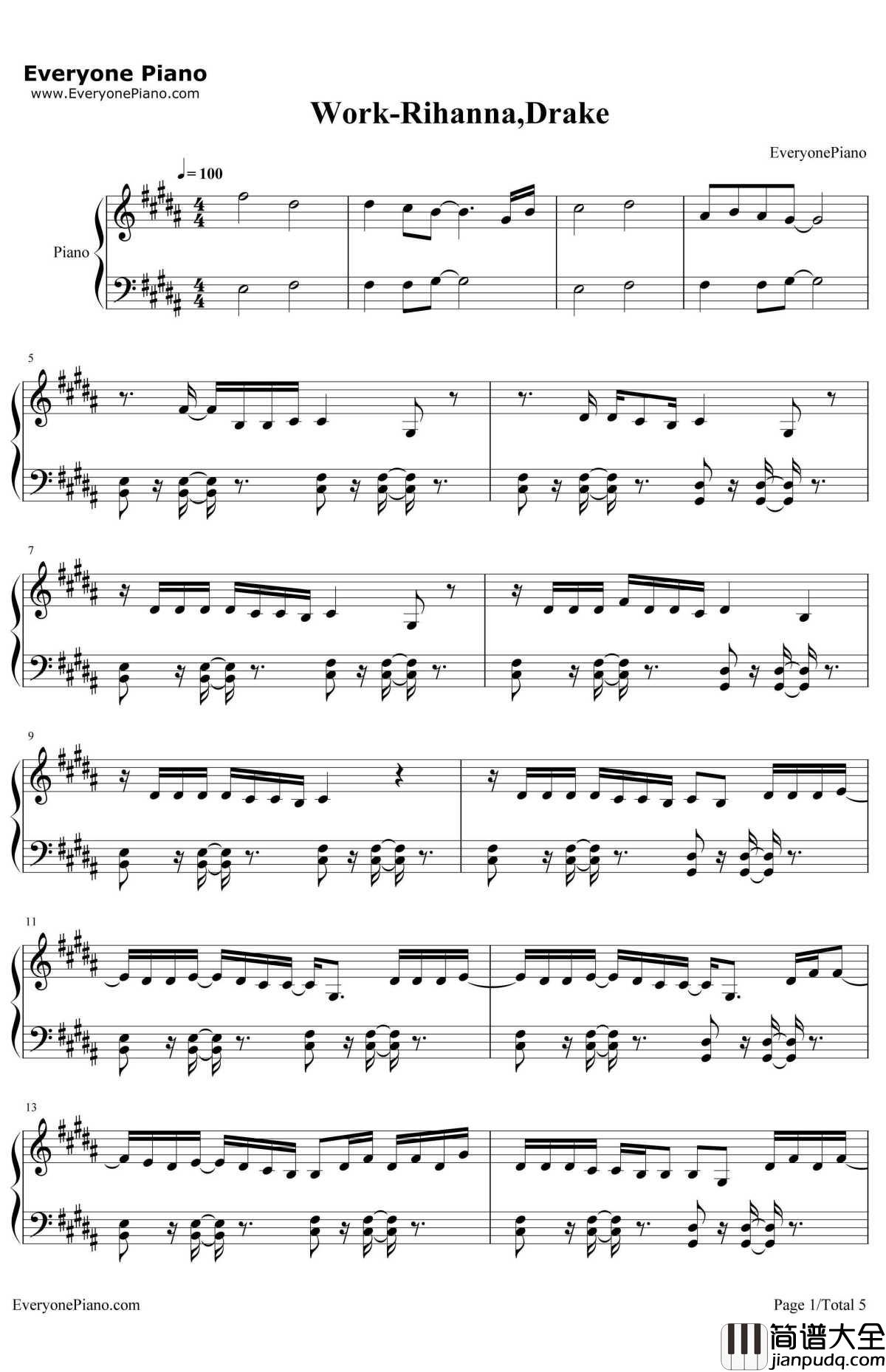 Work钢琴谱_Rihanna,Drake