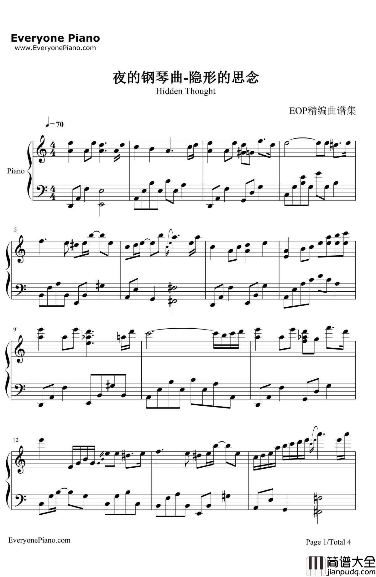 隐形的思念钢琴谱_石进_夜的钢琴曲