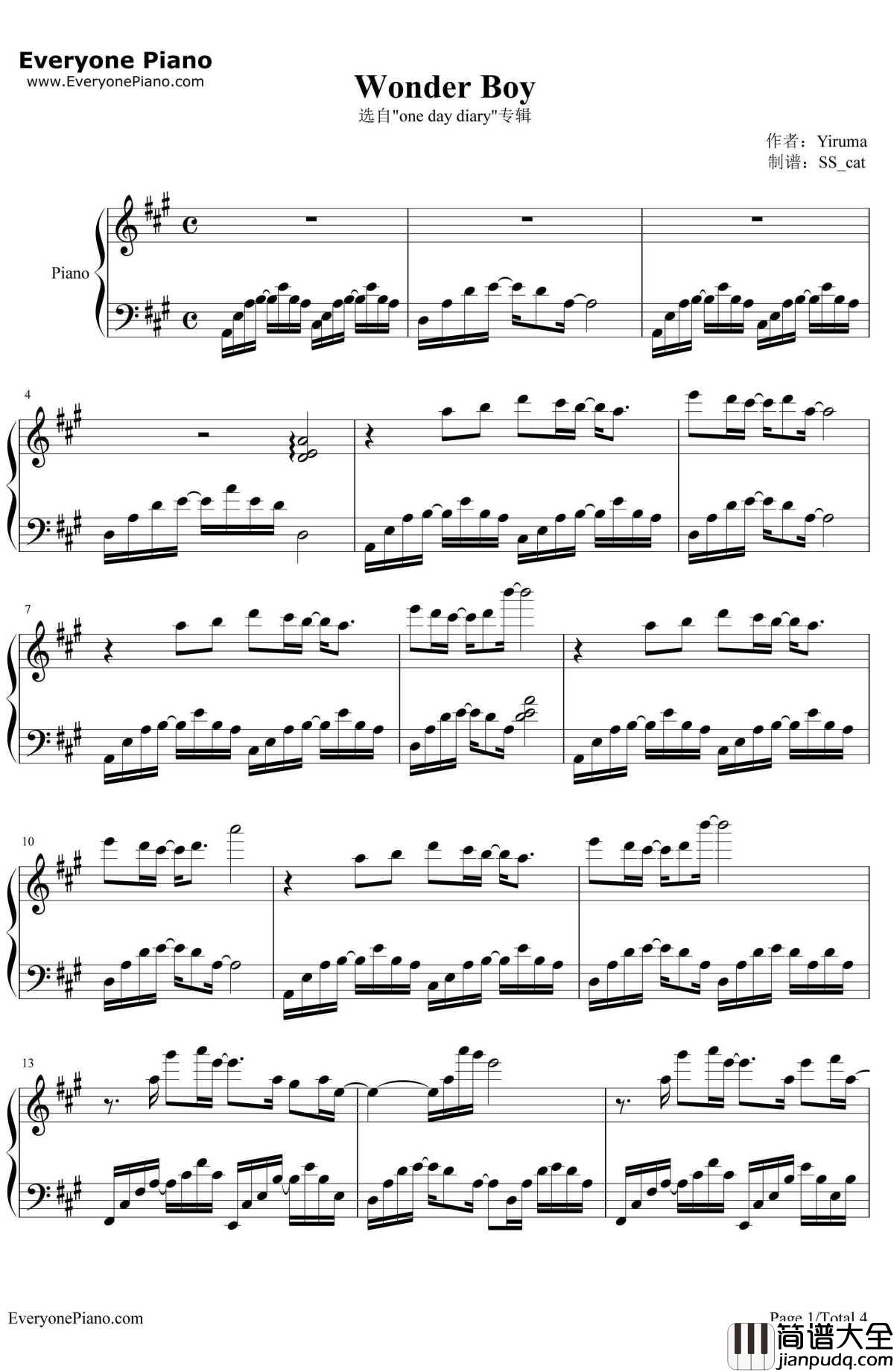 Wonder_Boy钢琴谱_Yiruma