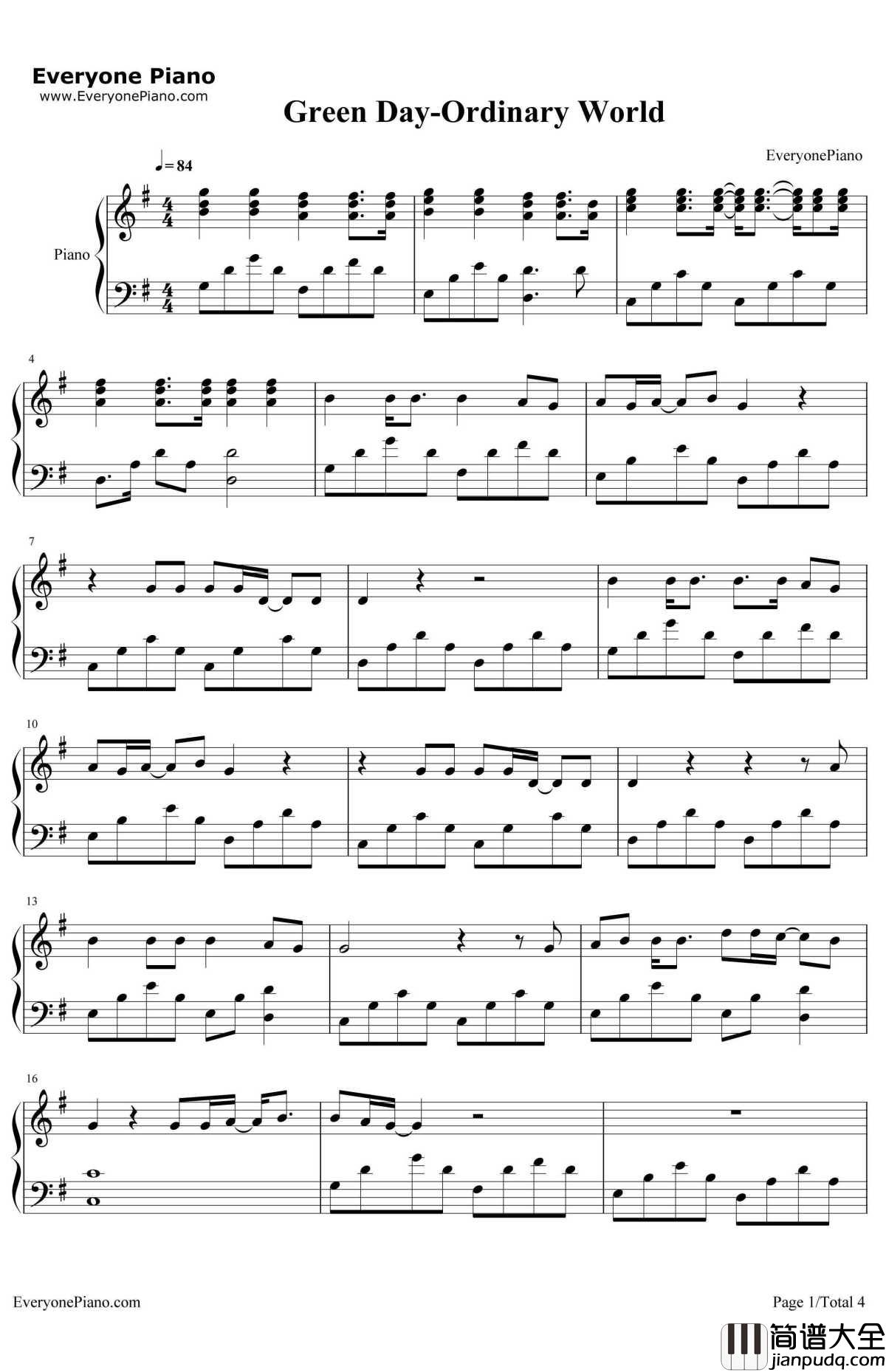 Green_Day钢琴谱_Ordinary_World