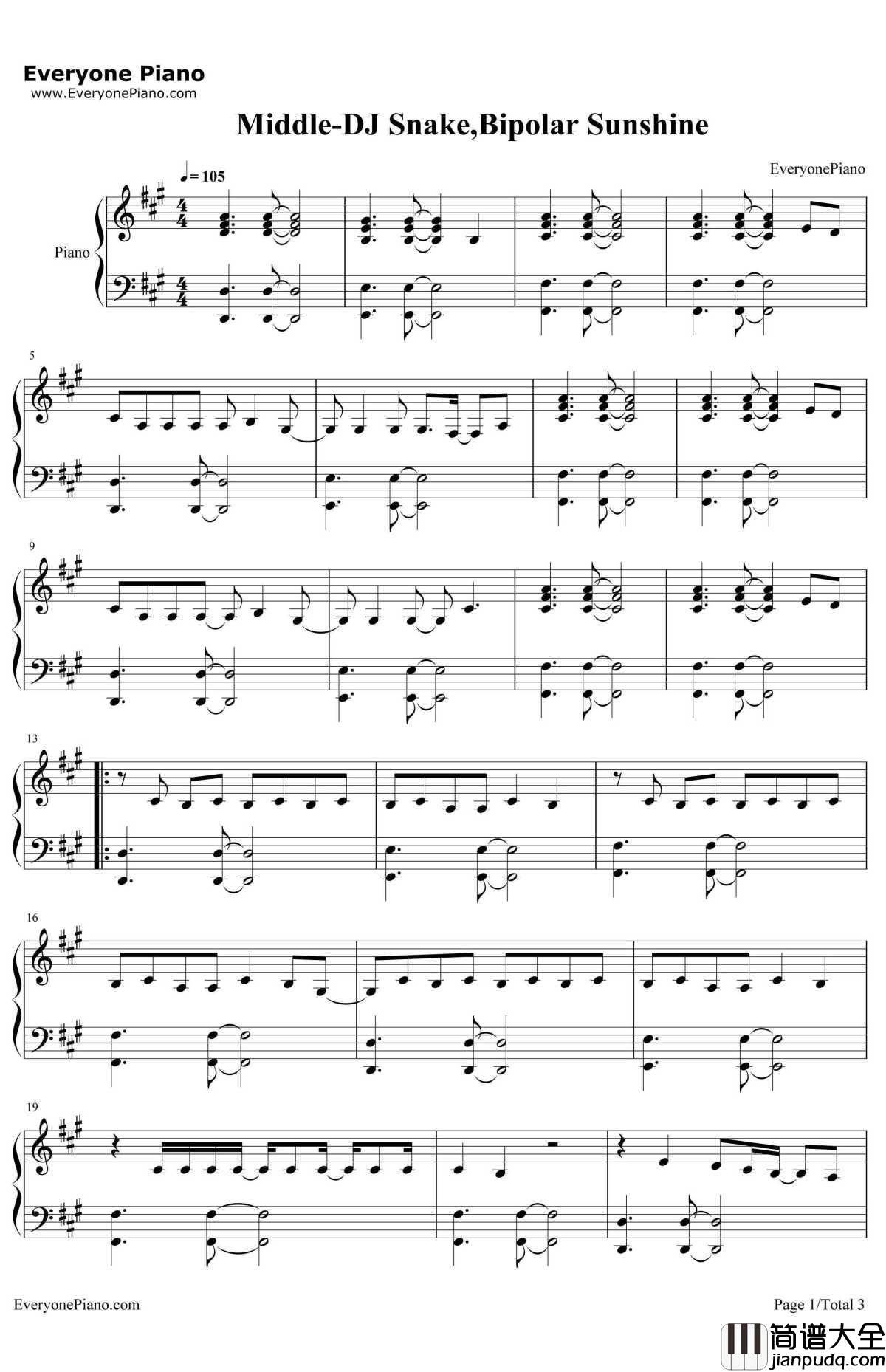Middle钢琴谱_DJ_Snake,Bipolar_Sunshine
