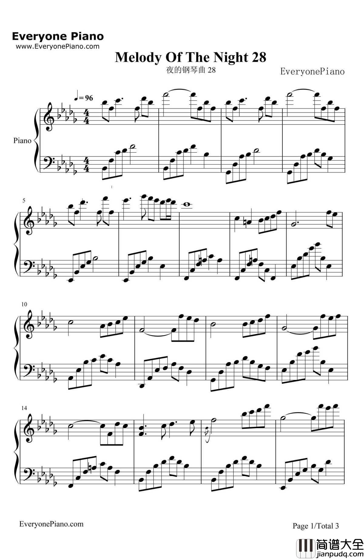 夜的钢琴曲28钢琴谱_石进