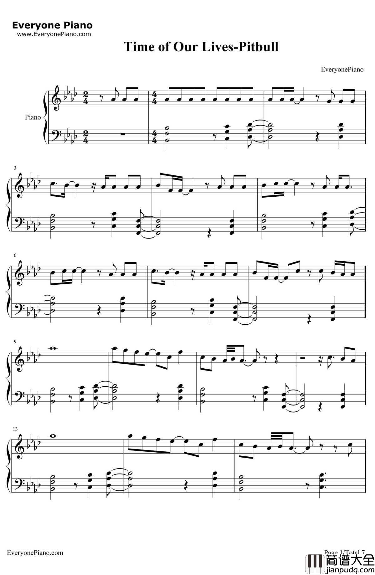 Time_of_Our_Lives钢琴谱_Pitbull