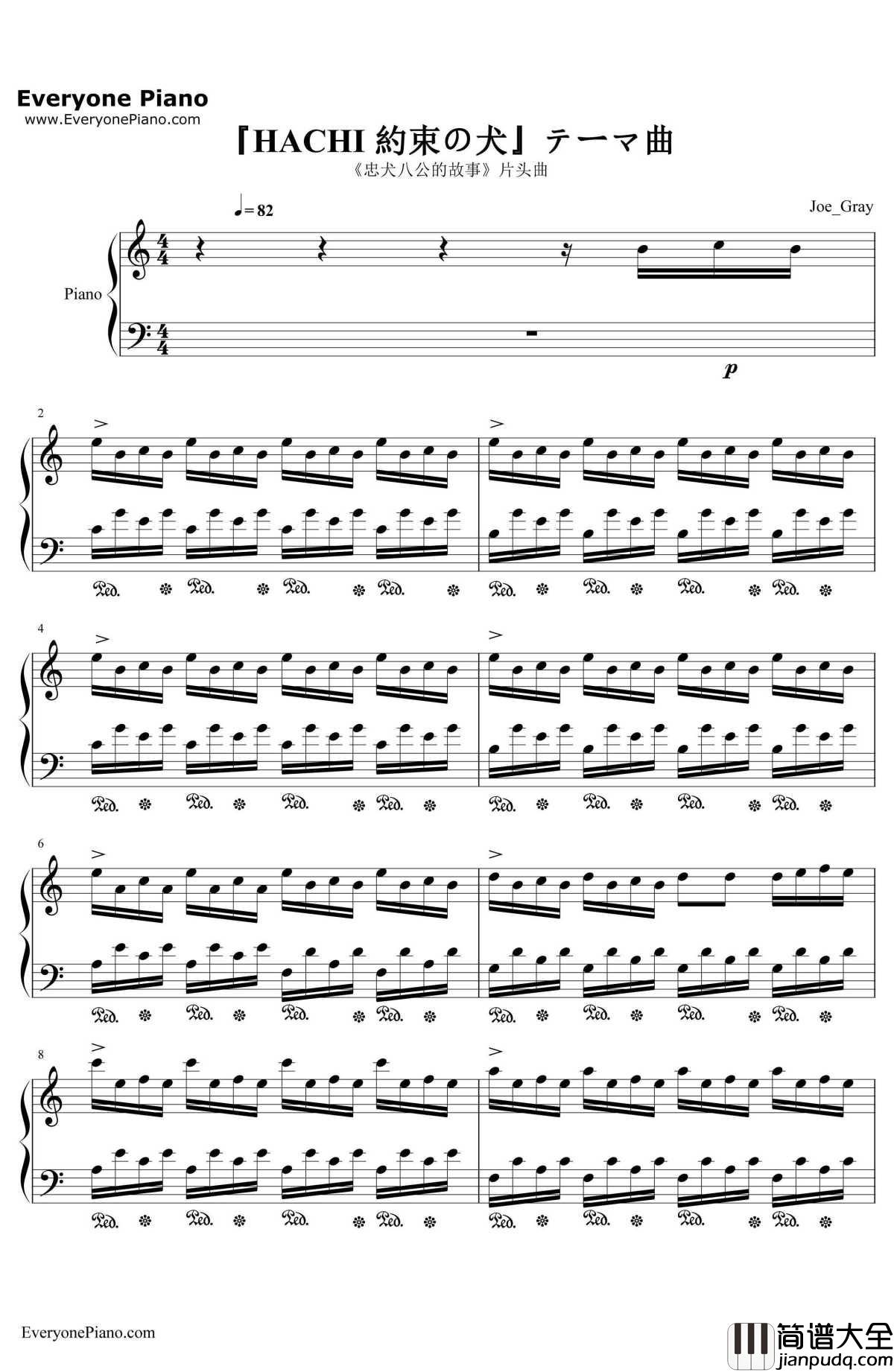 忠犬八公片头曲钢琴谱_詹恩.凯兹梅利克__忠犬八公的故事_OP