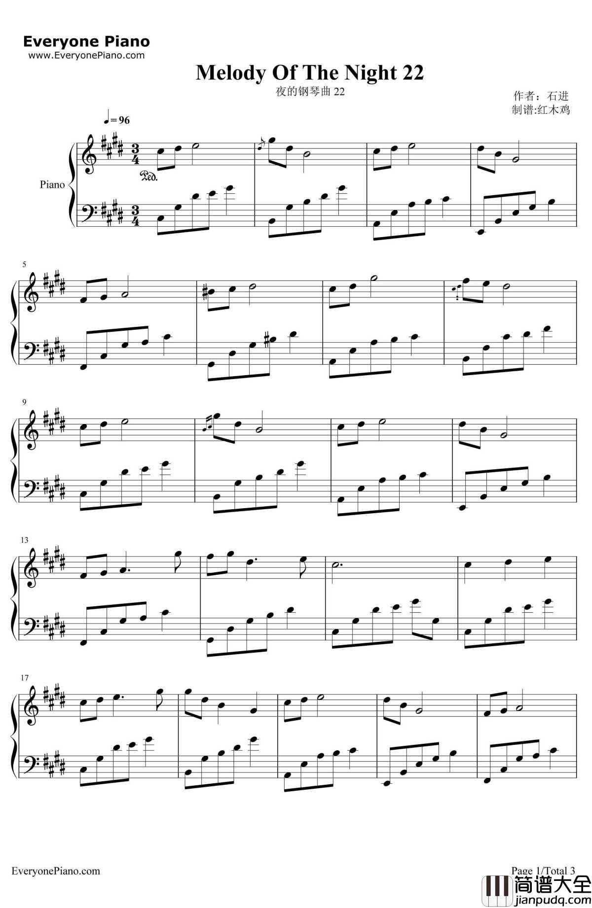 夜的钢琴曲22钢琴谱_石进
