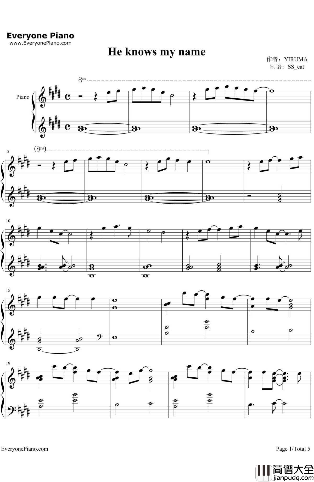 He_Knows_My_Name钢琴谱_Yiruma