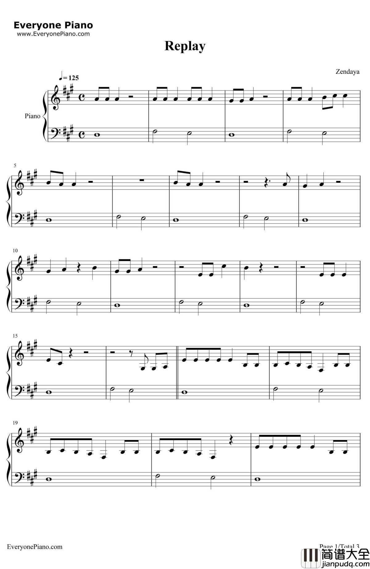 Replay钢琴谱_Zendaya