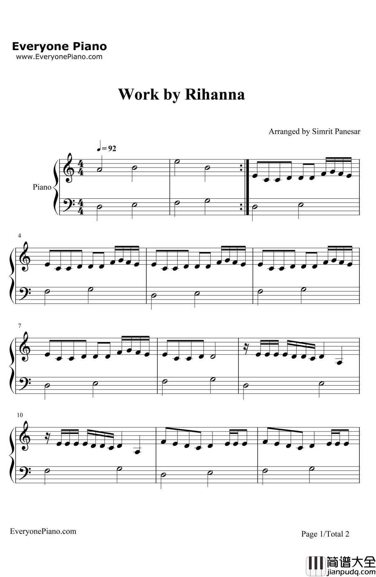Work简单版钢琴谱_Rihanna