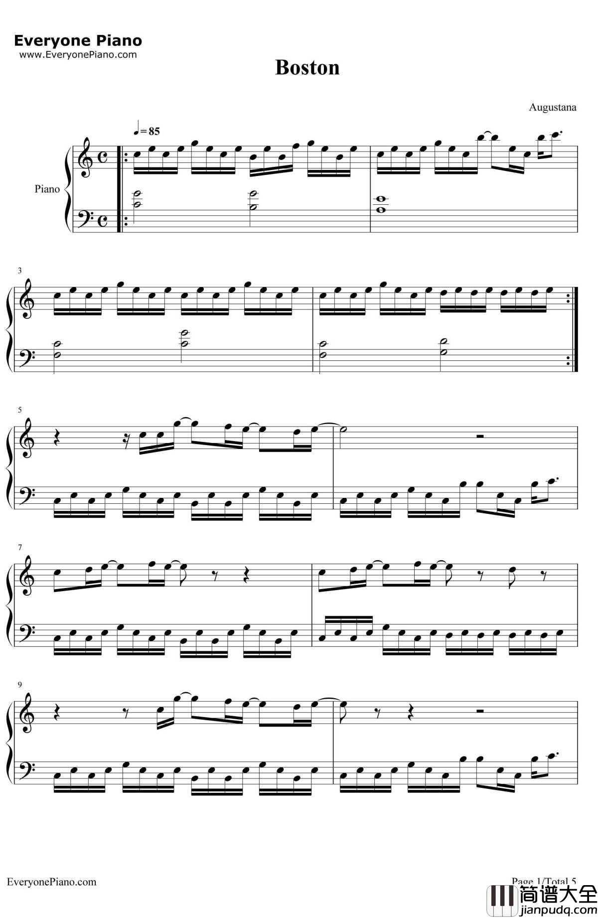 Boston钢琴谱_AUGUSTANA
