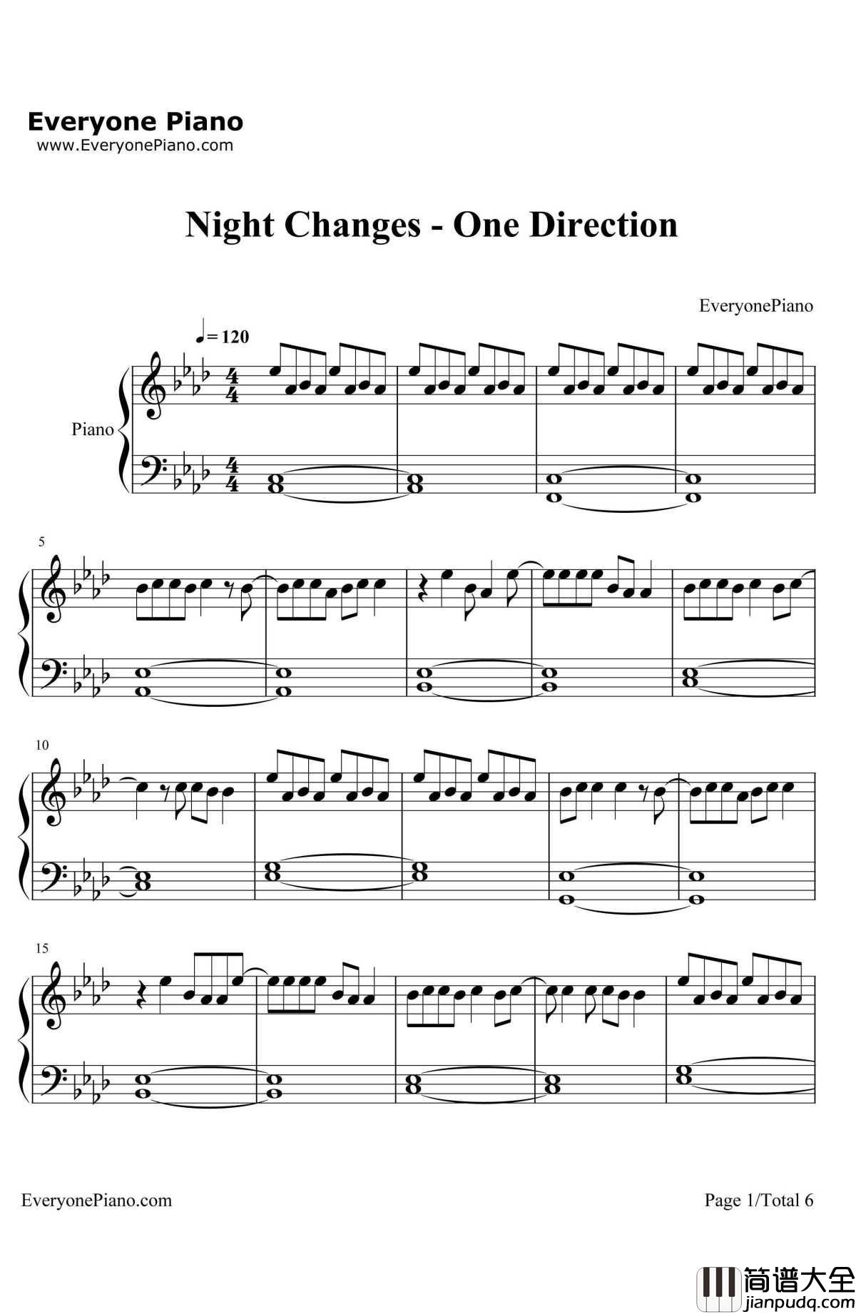 Night_Changes钢琴谱_One_Direction_弹唱版