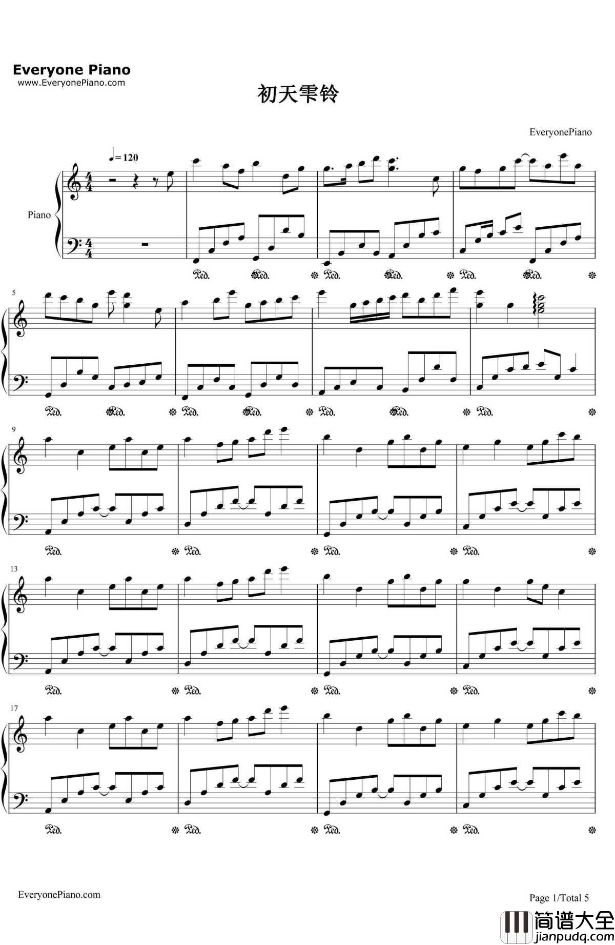 初天雫铃钢琴谱_初学者_