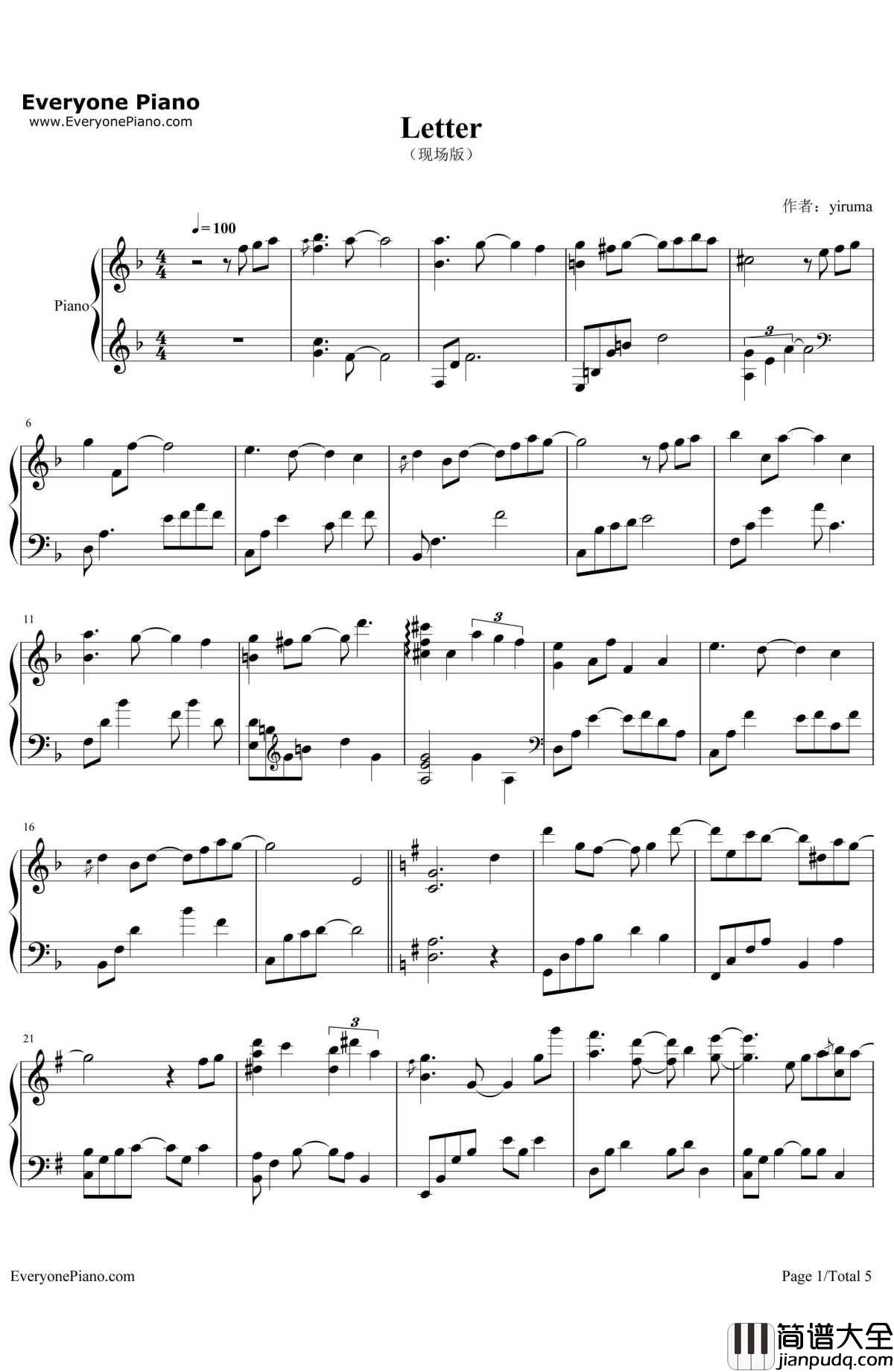 Letter钢琴谱_Yiruma_演奏会live