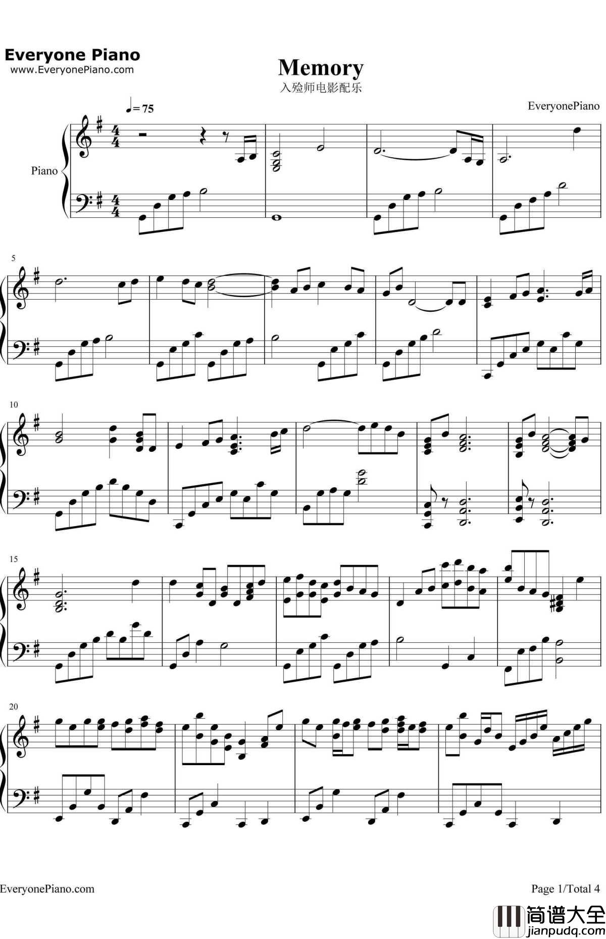 MEMORY钢琴谱_久石让_记忆