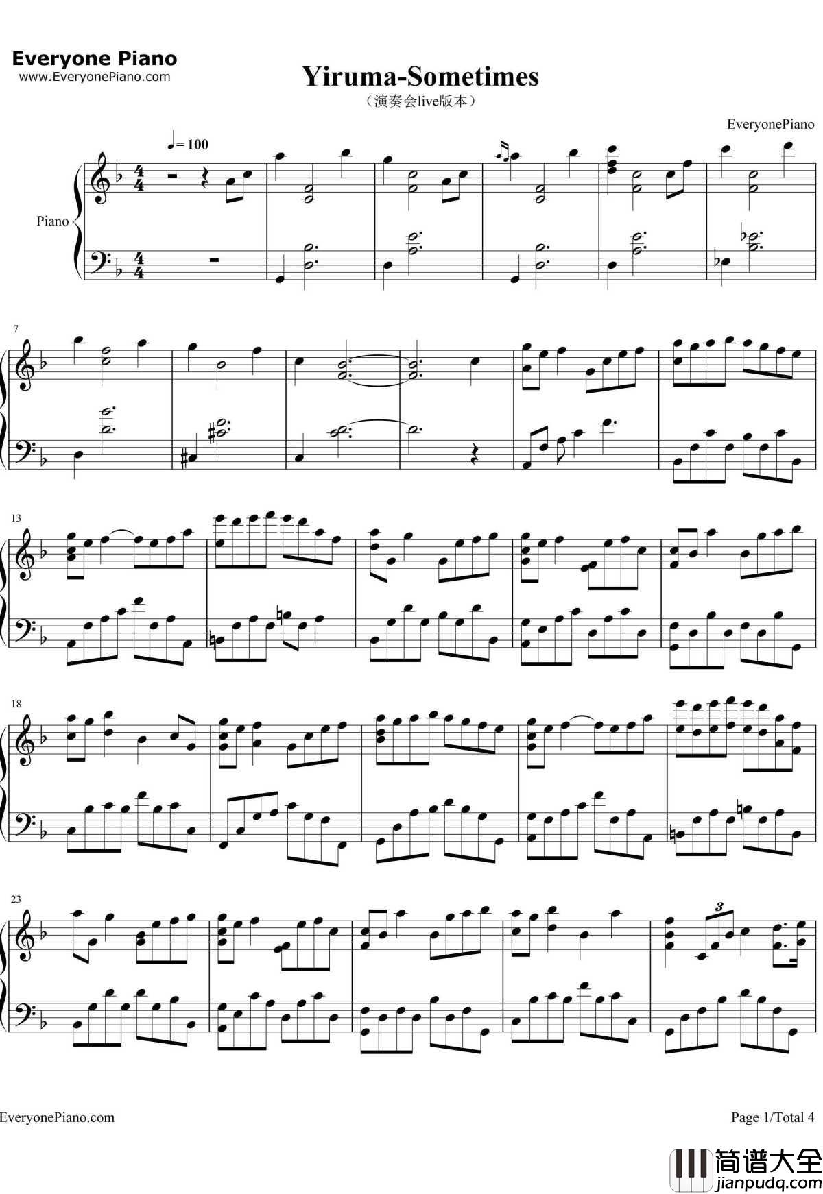 Sometimes钢琴谱_Yiruma_演奏会live