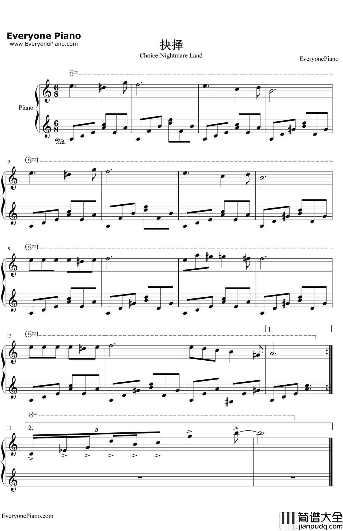 抉择钢琴谱_未知_游戏_噩梦乐园_BGM