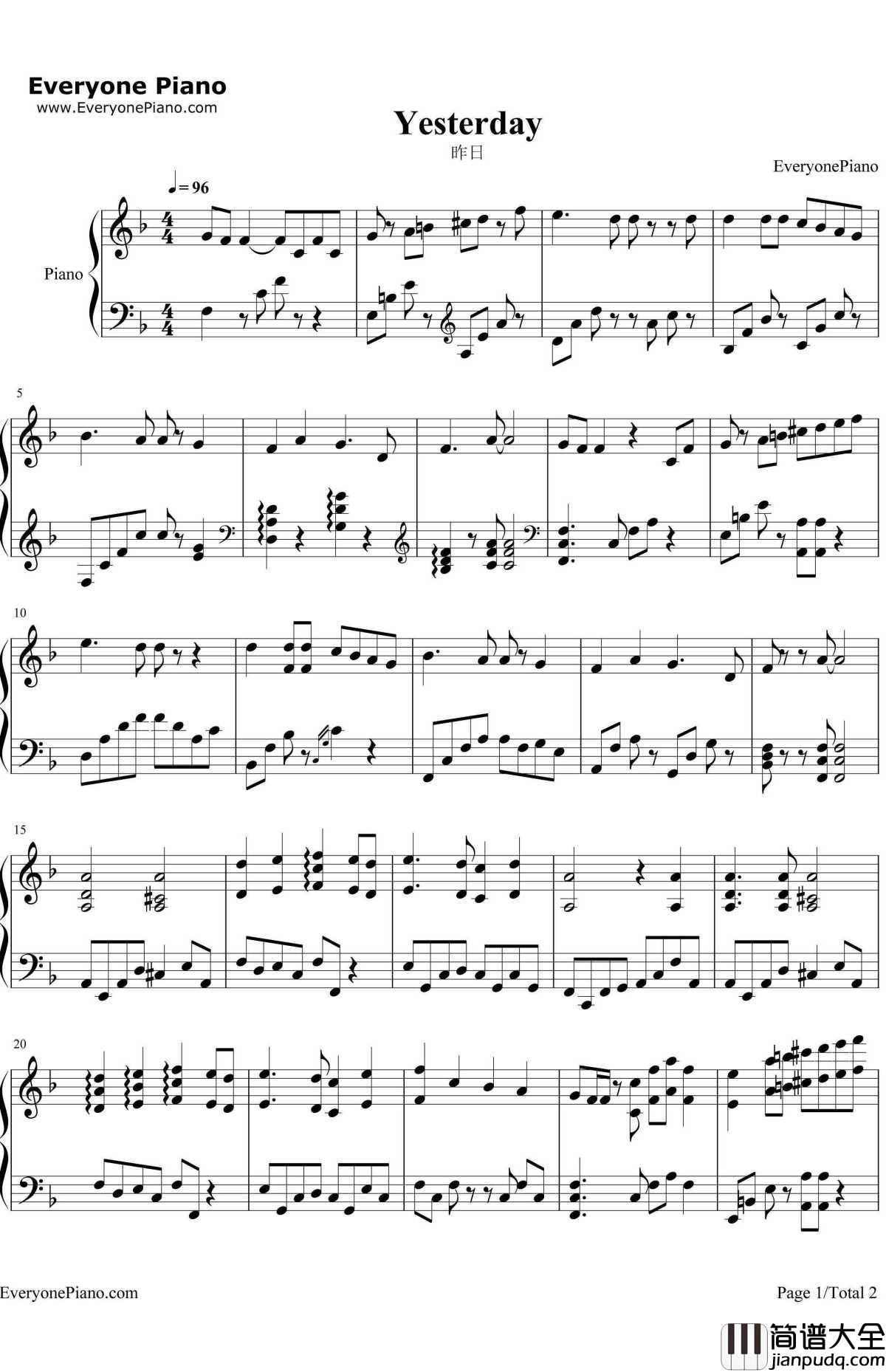 Yesterday昨日钢琴谱_披头士乐队TheBeatles_披头士乐队