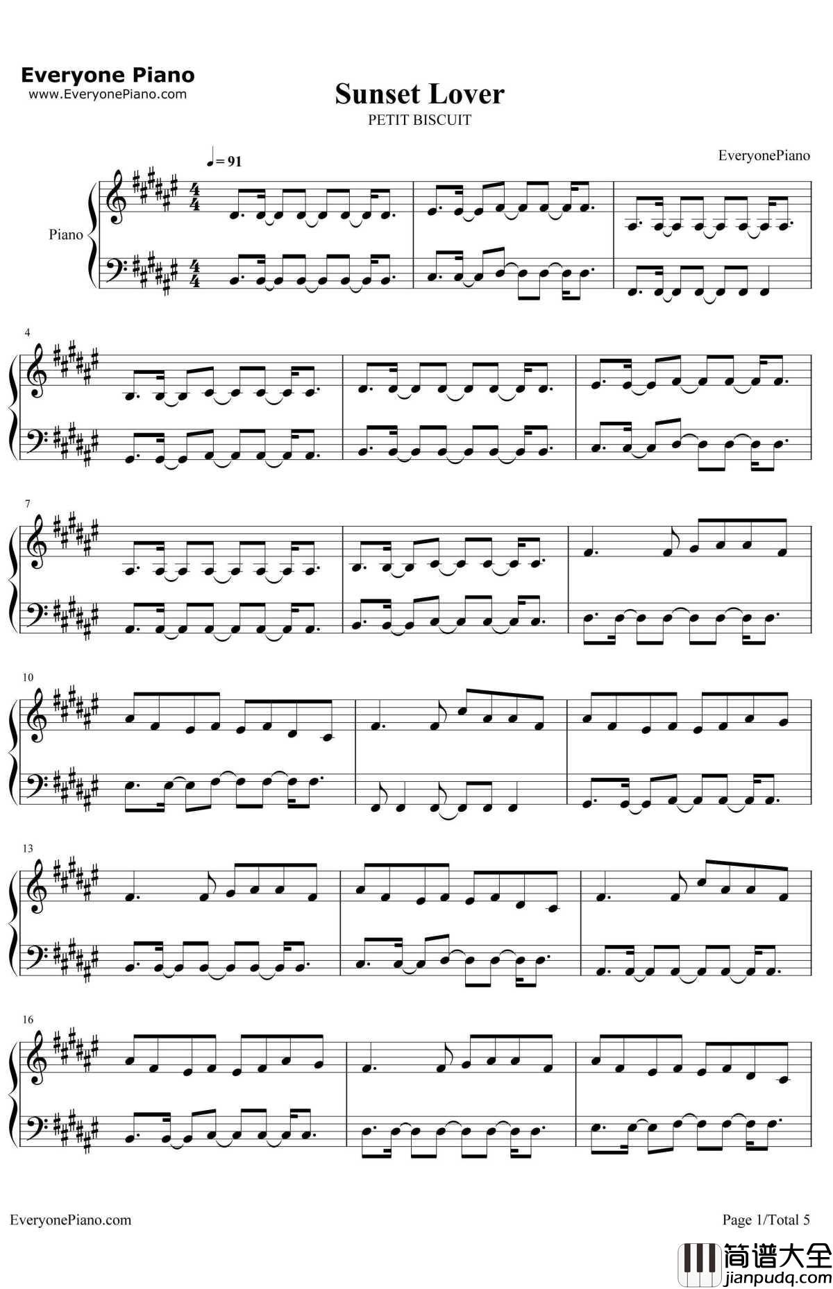 Sunset_Lover钢琴谱_PETITBISCUIT