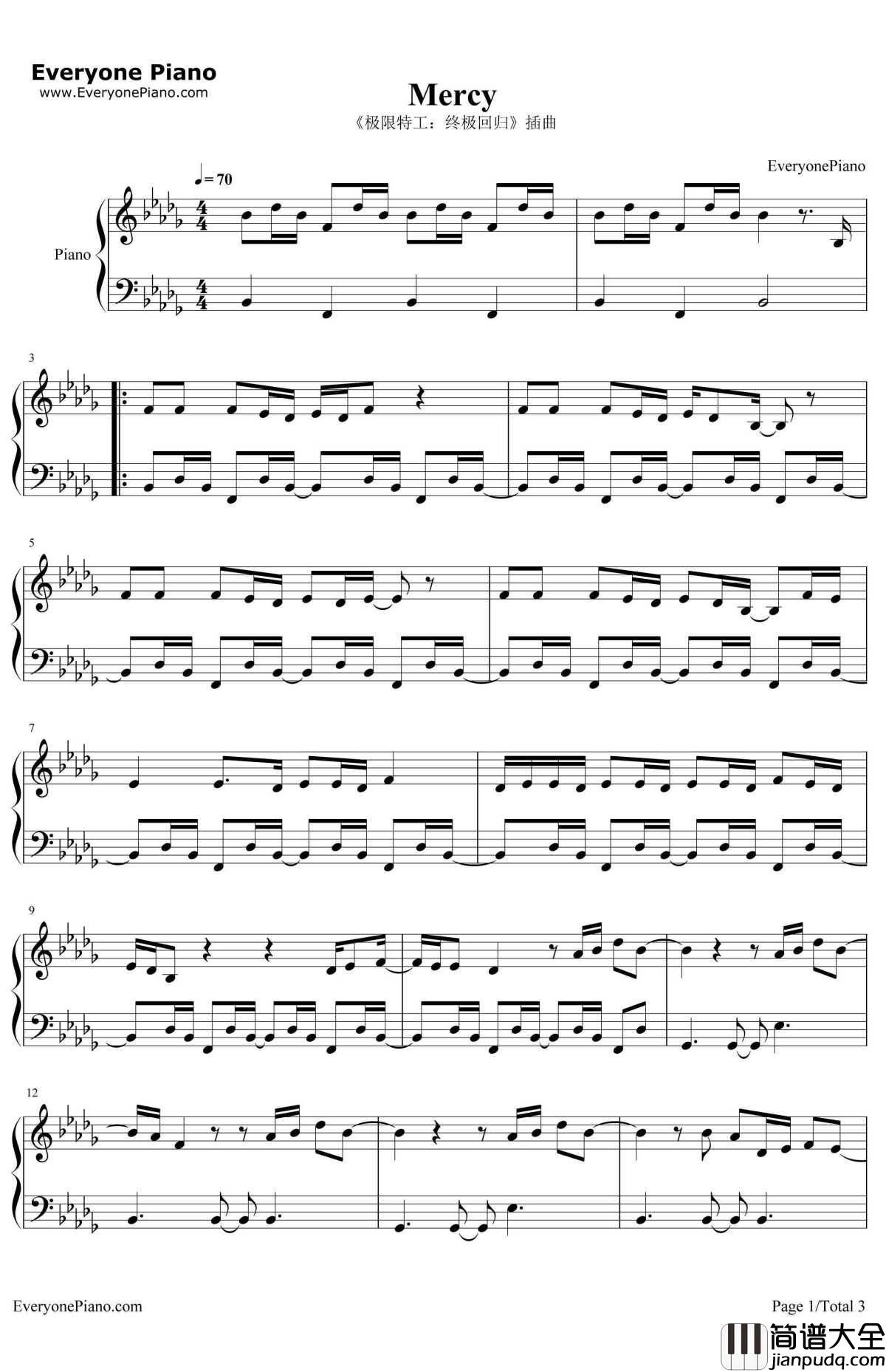 Mercy钢琴谱_BishopBriggs__极限特工：终极回归_电影插曲