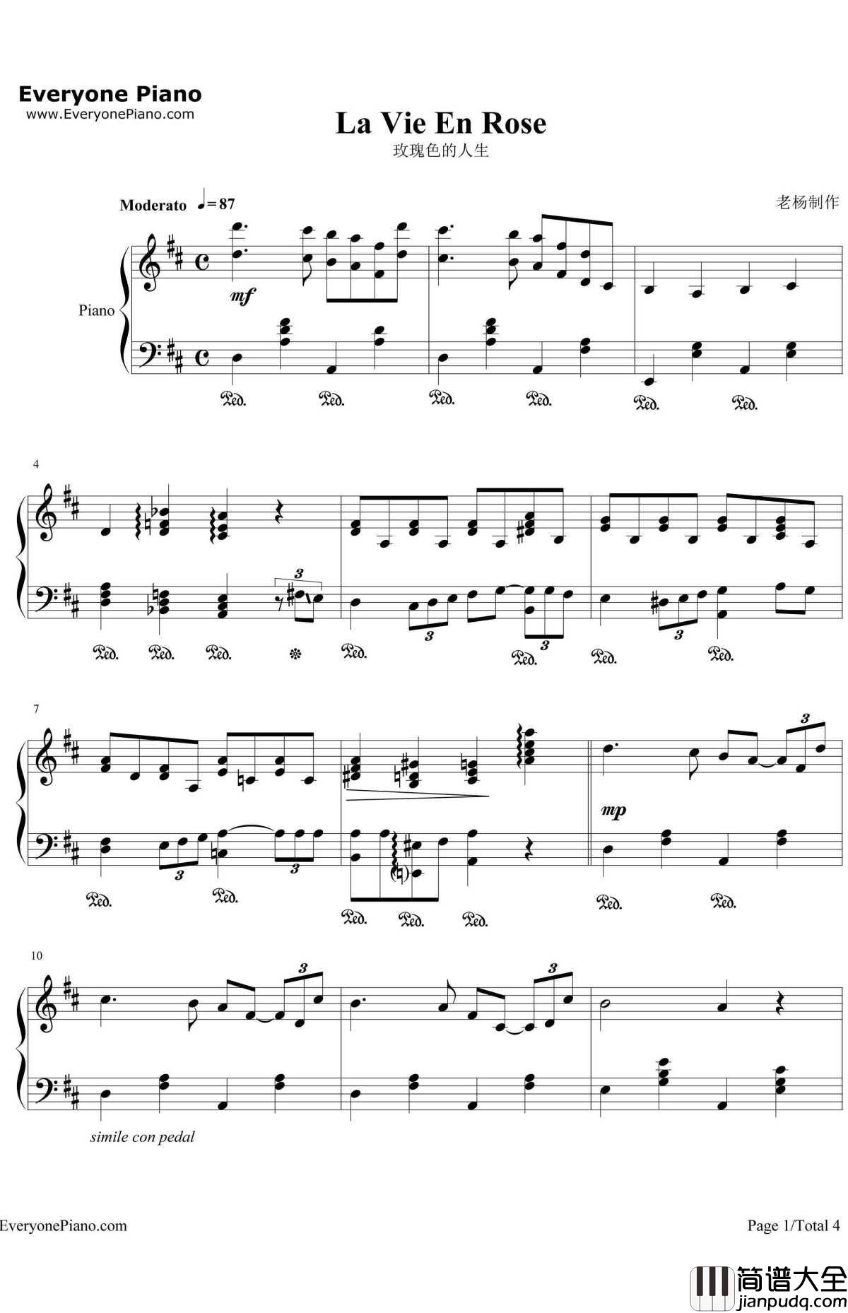 玫瑰色的人生钢琴谱_理查德·克莱德曼_LaVieEnRose