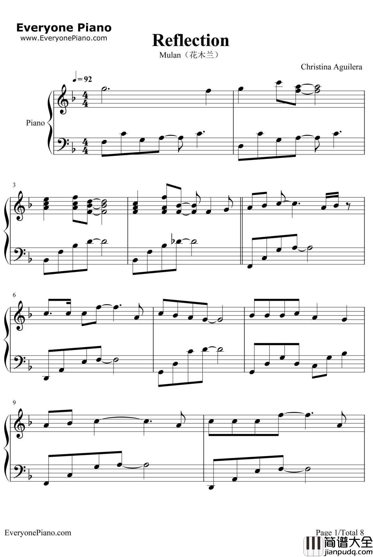 Reflection钢琴谱_克莉丝汀娜CHRISTINAAGUIELRA_卡通片Mulan花木兰主题曲