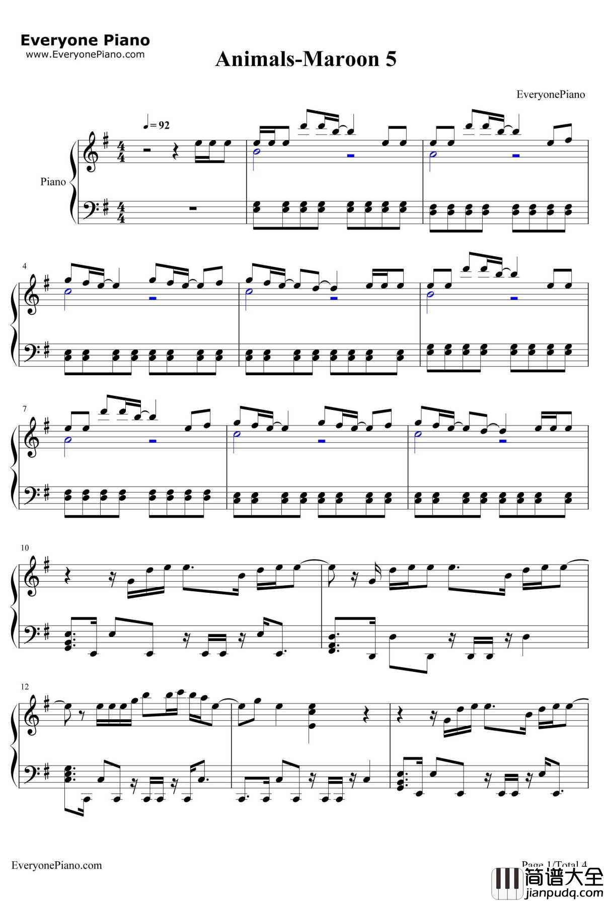 Animals钢琴谱_Maroon5