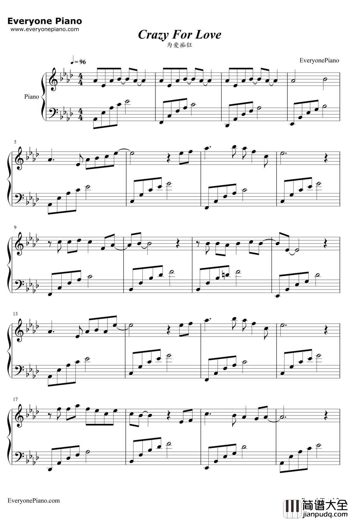 为爱痴狂钢琴谱_刘若英