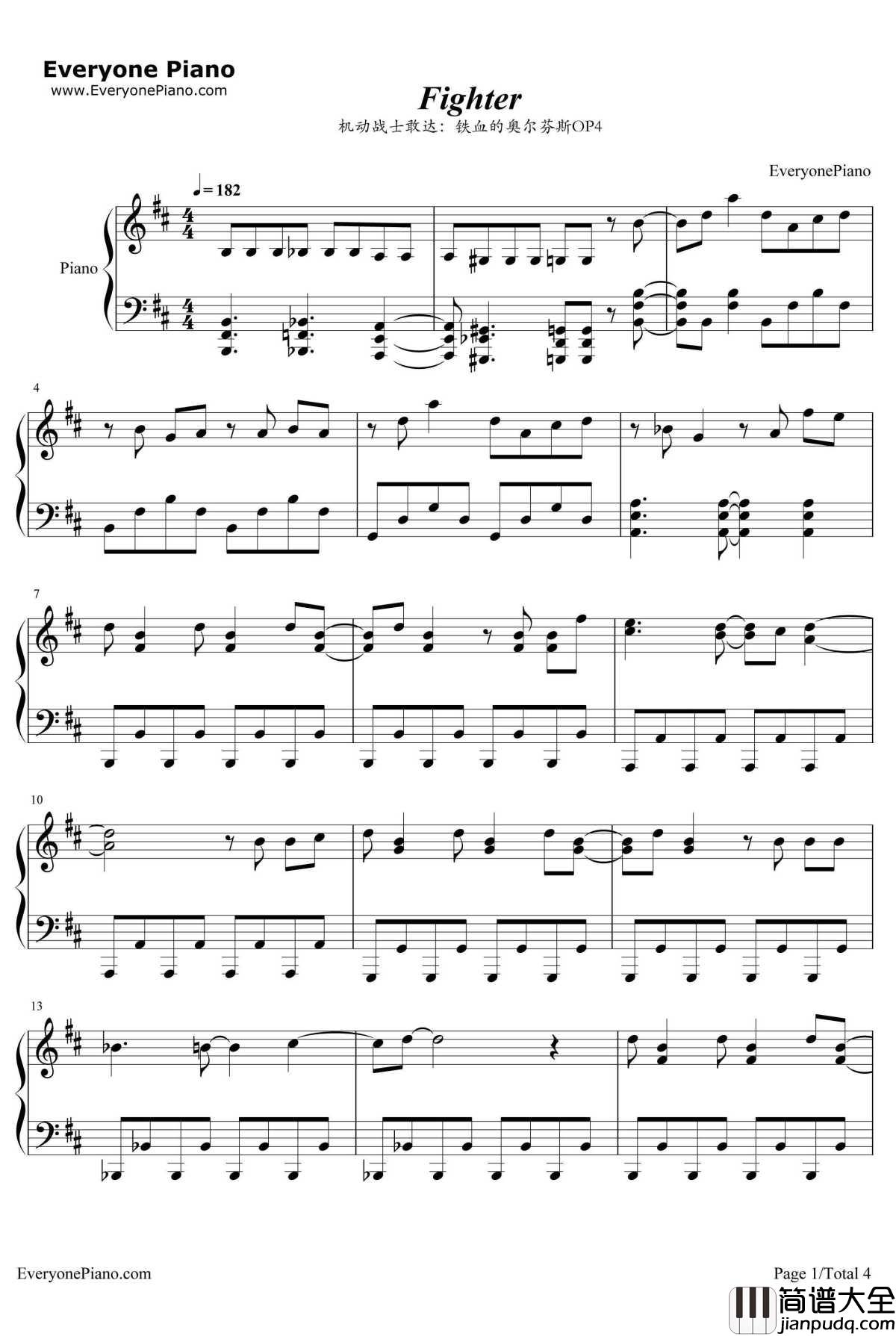 Fighter钢琴谱_KANA_BOON_机动战士敢达铁血的奥尔芬斯OP4