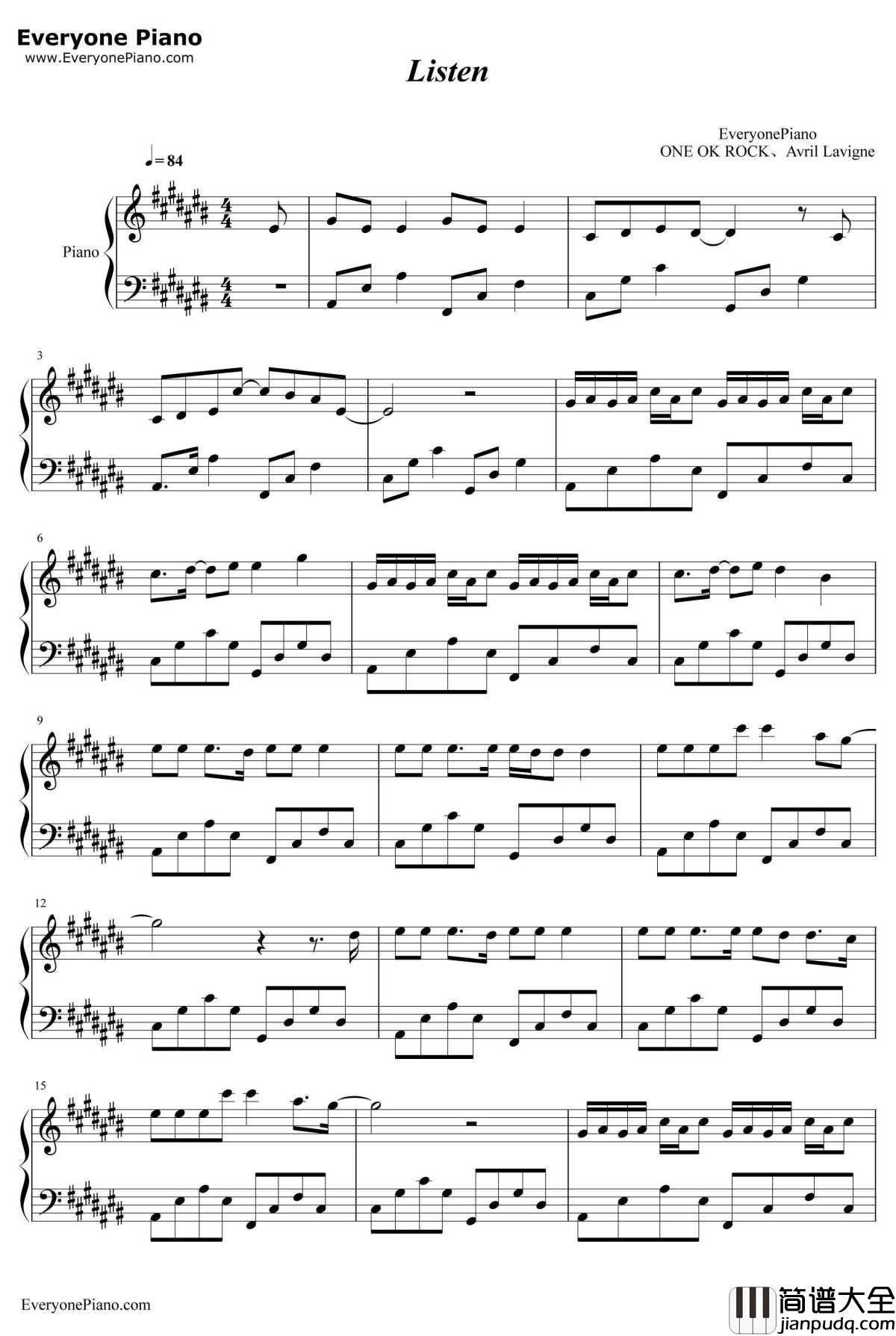 Listen钢琴谱_ONEOKROCKft.AvrilLavigne_ONEOKROCKft.AvrilLavigne