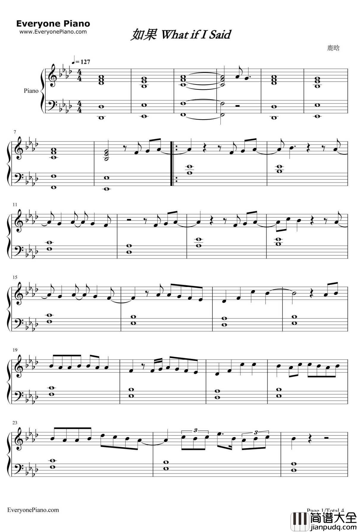 如果What_if_I_Said钢琴谱_鹿晗
