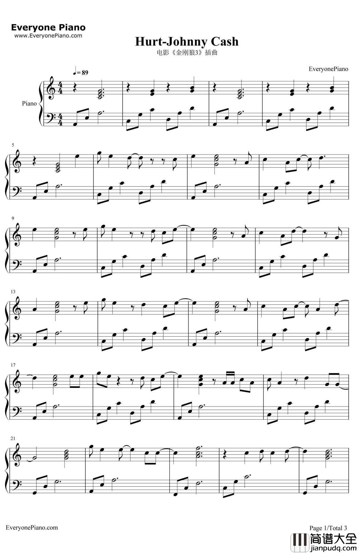 Hurt钢琴谱_JohnnyCash_电影_金刚狼3_插曲