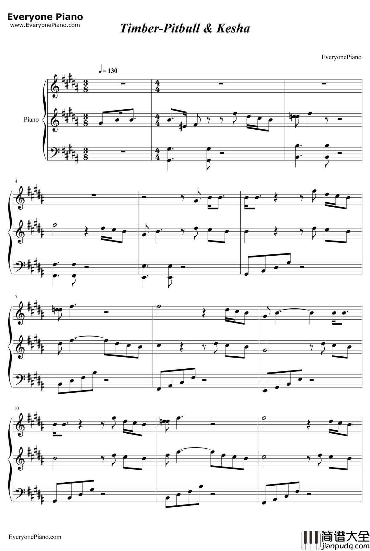 Timber钢琴谱_Pitbull&Kesha
