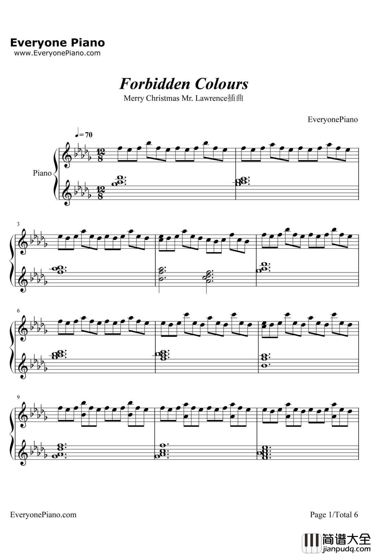 Forbidden_Colours钢琴谱_坂本龙一_MerryChristmasMr.Lawrence插曲