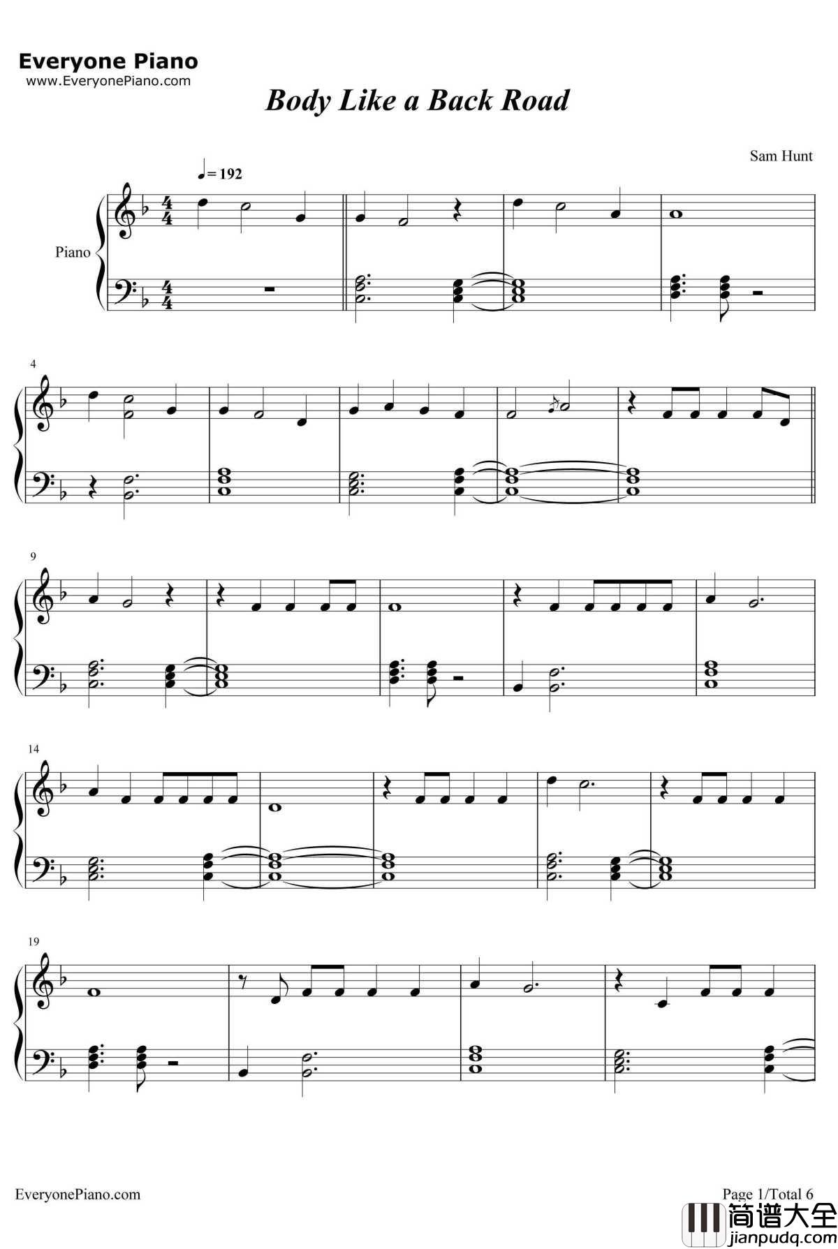 Body_Like_a_Back_Road钢琴谱_SamHunt